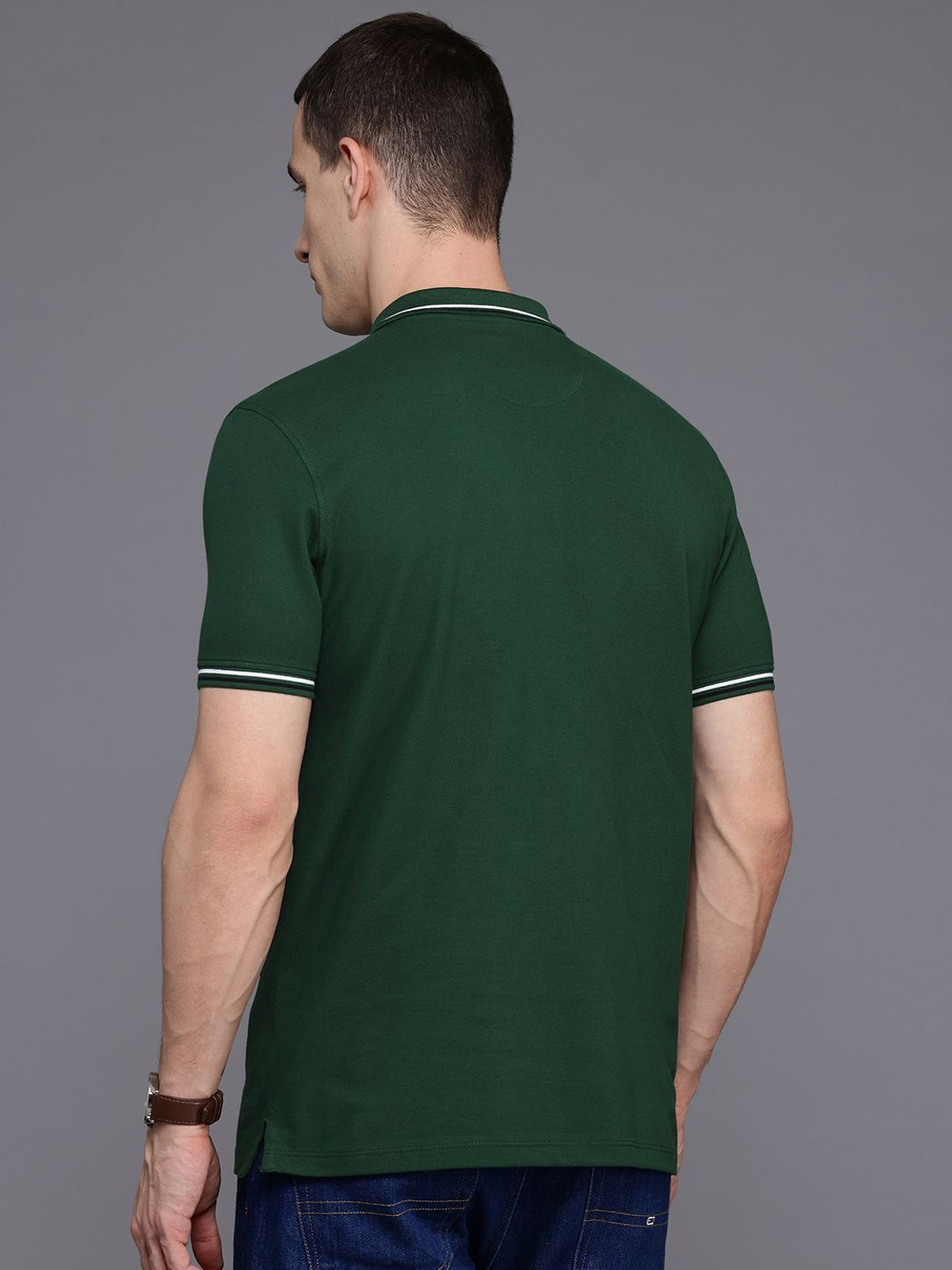 Image of Louis Philippe Sport Solid Men Polo Neck Dark Green T-Shirt