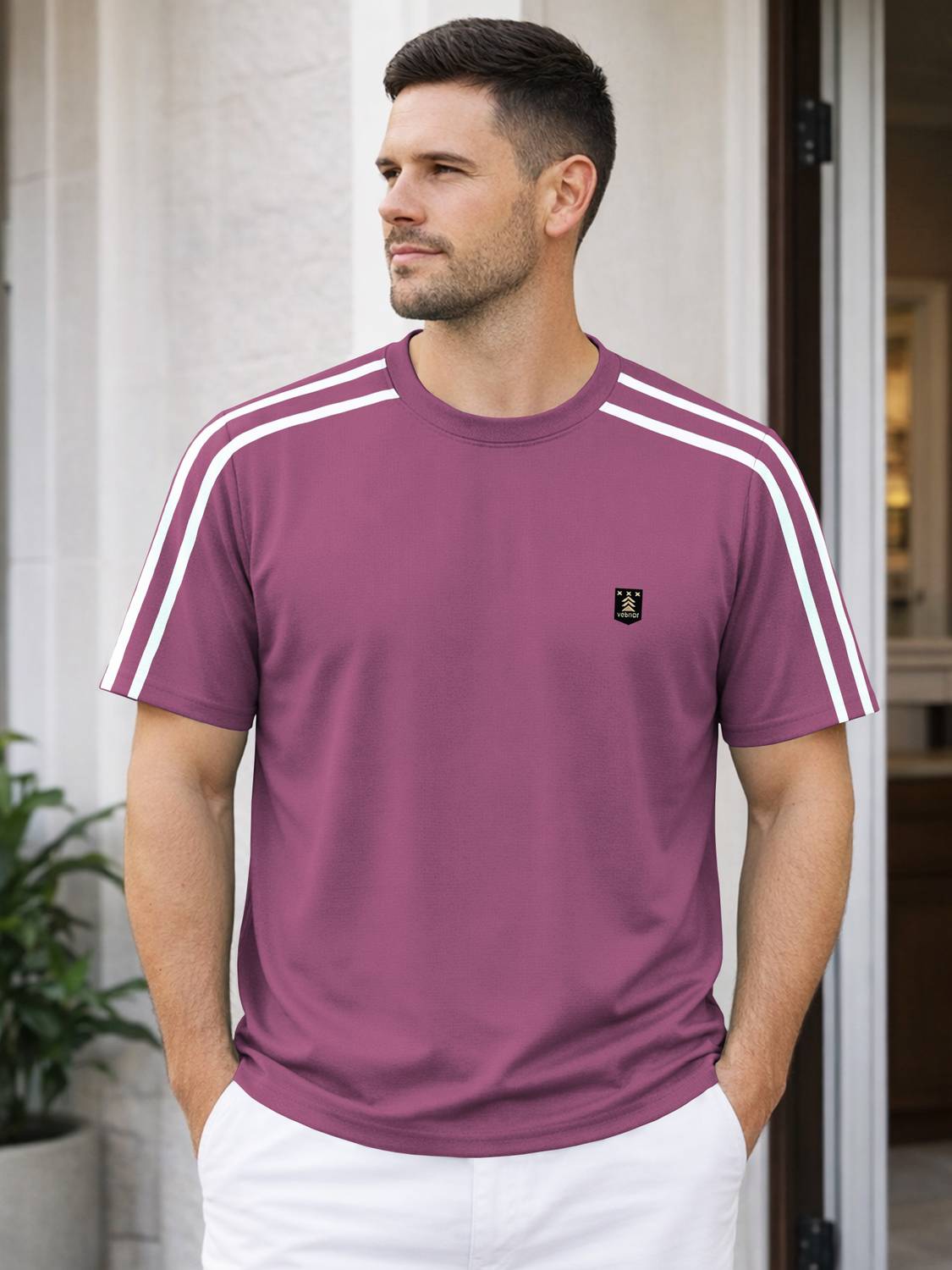 VeBNoR Purple Striped Round Neck T-Shirt - Image 1