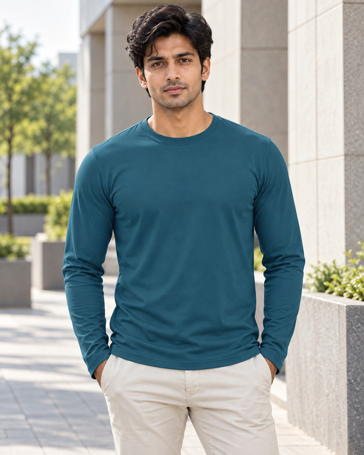 Image of WARRIOR WORLD Men Solid Round Neck Pure Cotton Blue T-Shirt