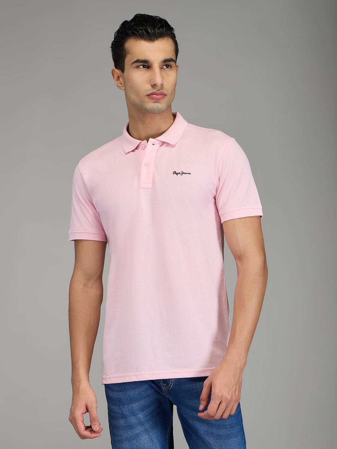 Image of Pepe Jeans Self Design Men Polo Neck Pink T-Shirt
