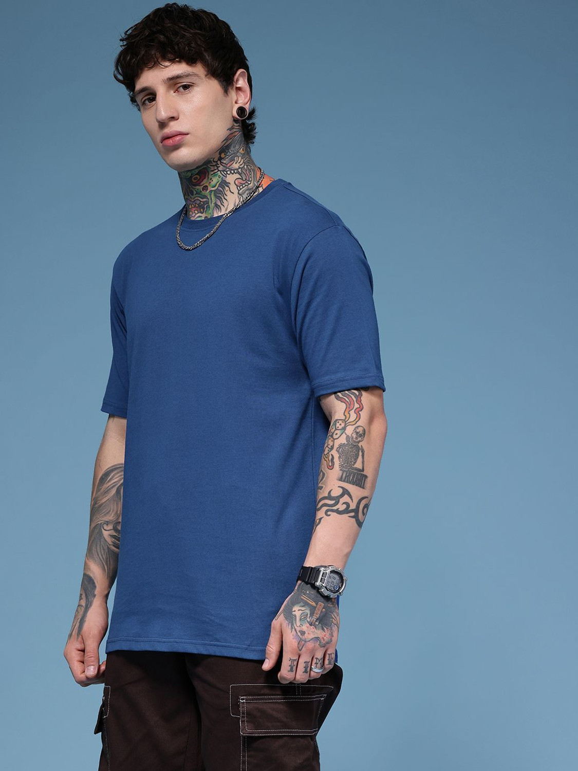 Image of HERE&NOW Solid Men Round Neck Blue T-Shirt