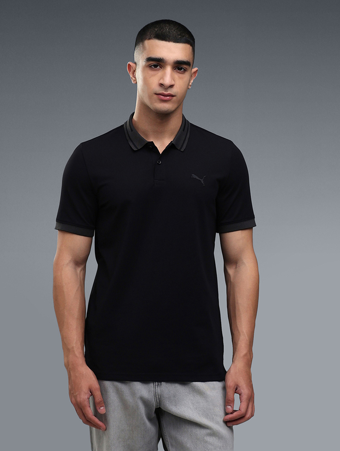 Image of PUMA Men Solid Polo Neck Cotton Blend Black T-Shirt