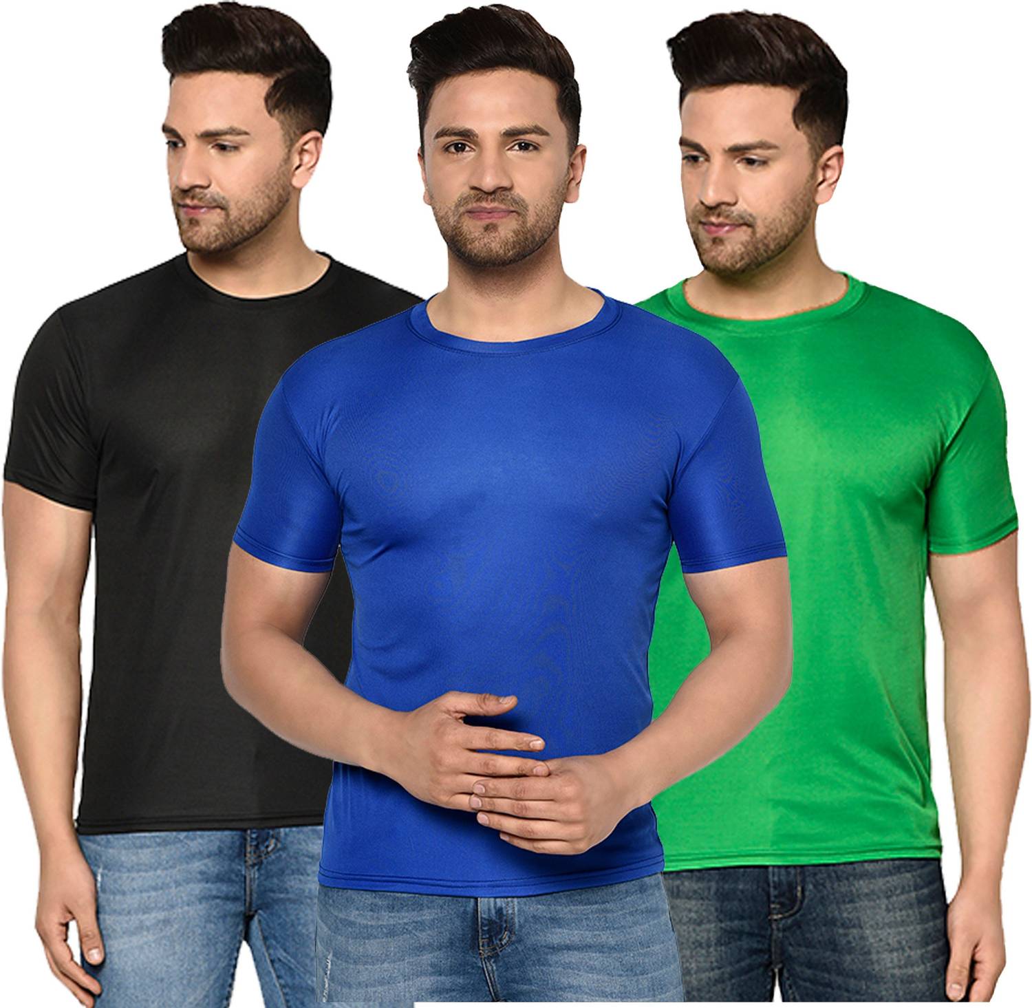 InkTees Pack of 3 Men Solid Round Neck Polyester Multicolor T-Shi