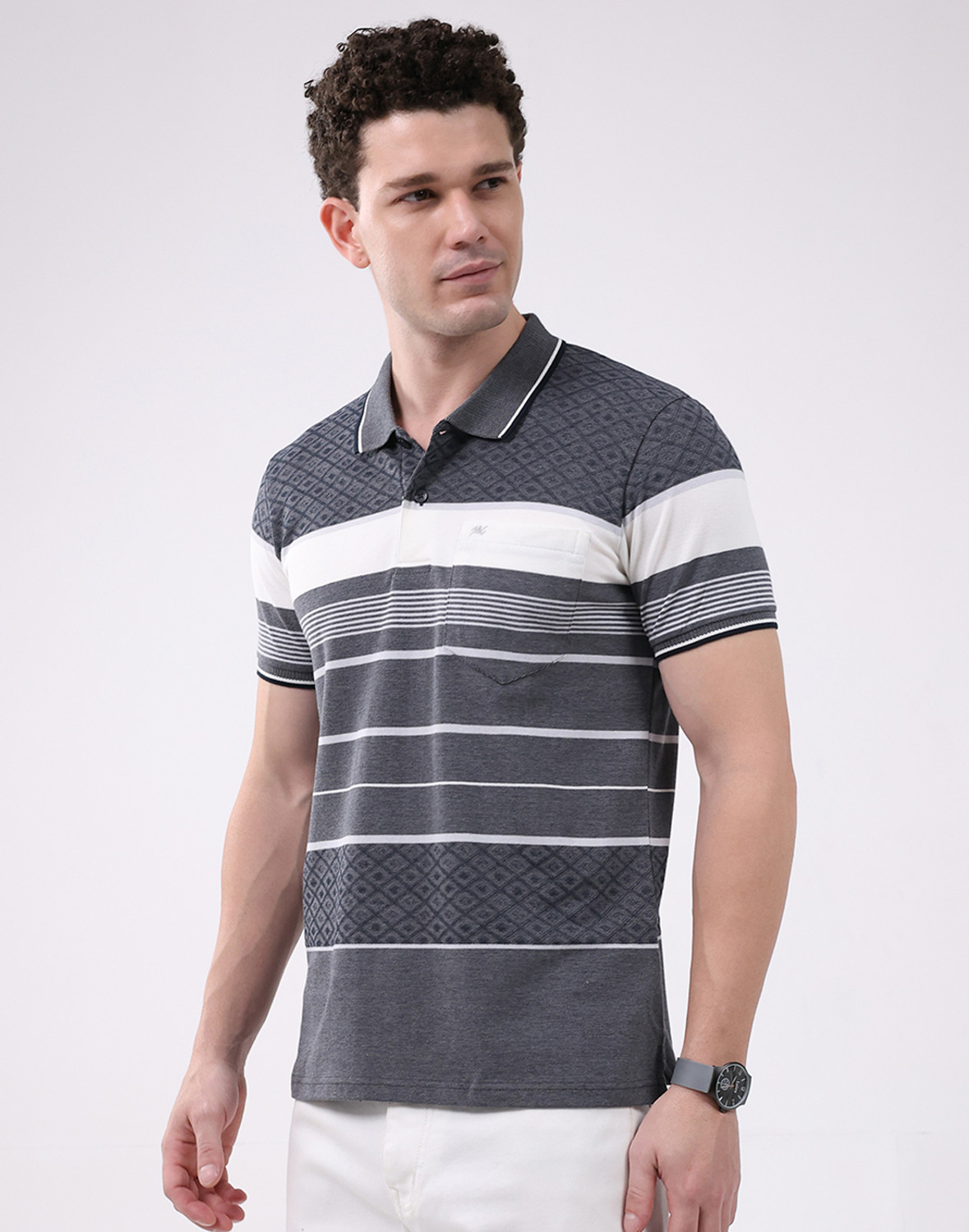 Image of MONTE CARLO Striped Men Polo Neck Grey T-Shirt