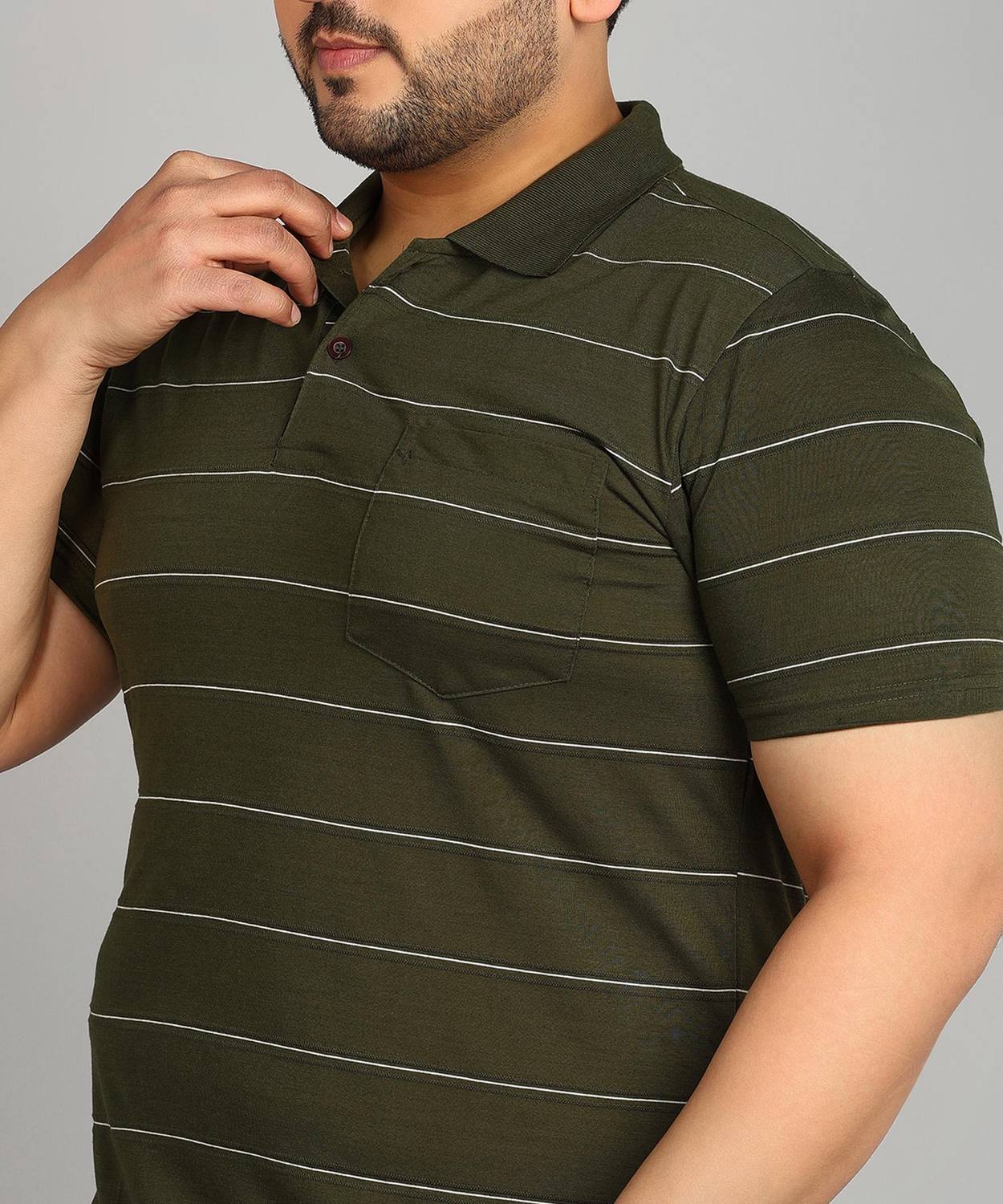 INKKR Men Striped Polo Neck Cotton Blend Dark Green T-Shirt