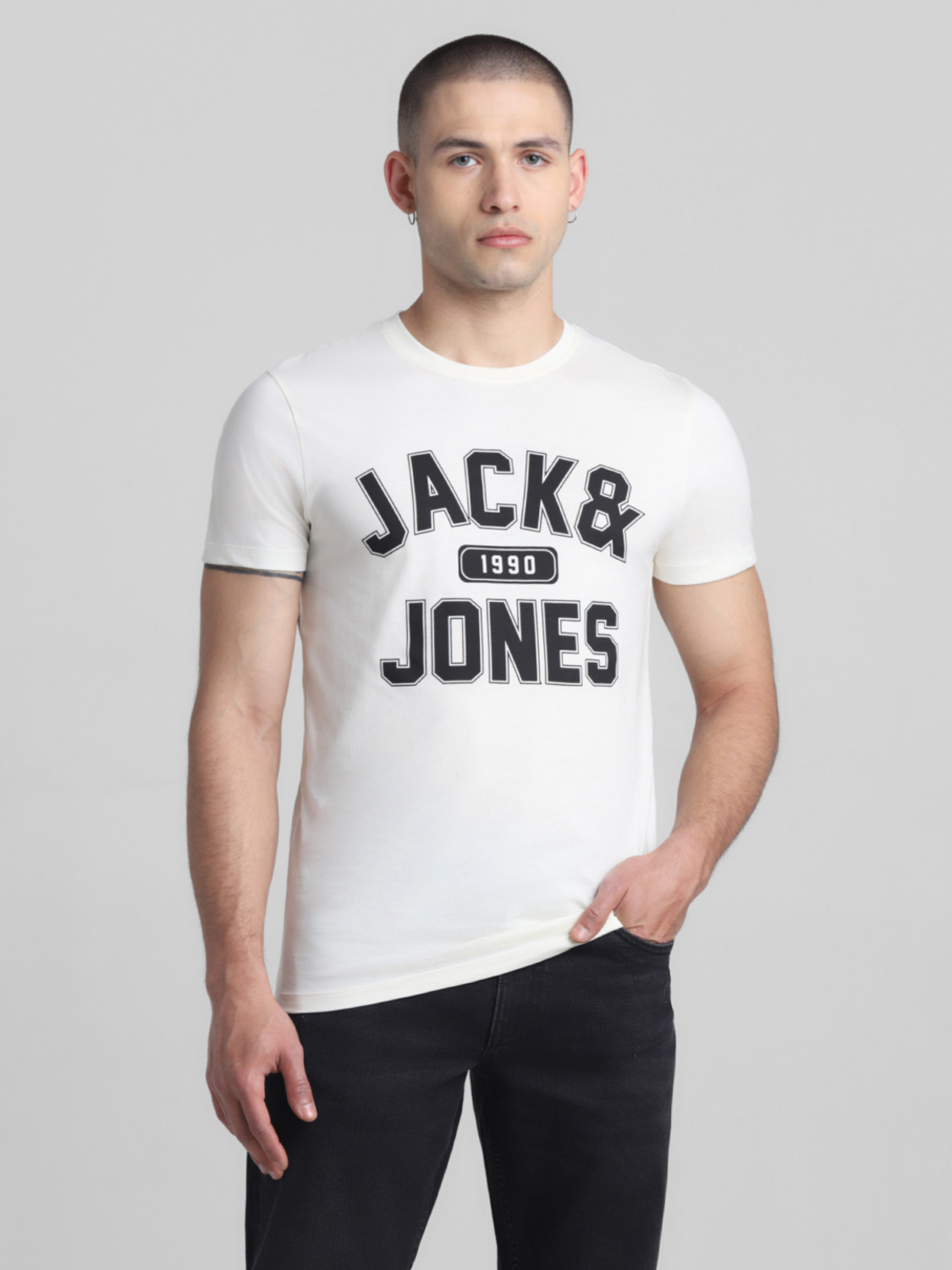 Image of JACK & JONES Typography Men Round Neck White T-Shirt