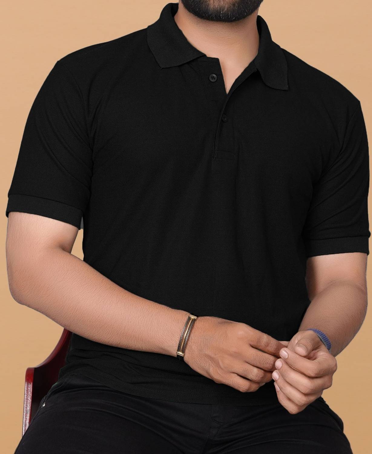 KAJARU Men Solid Polo Neck Polyester Black T-Shirt