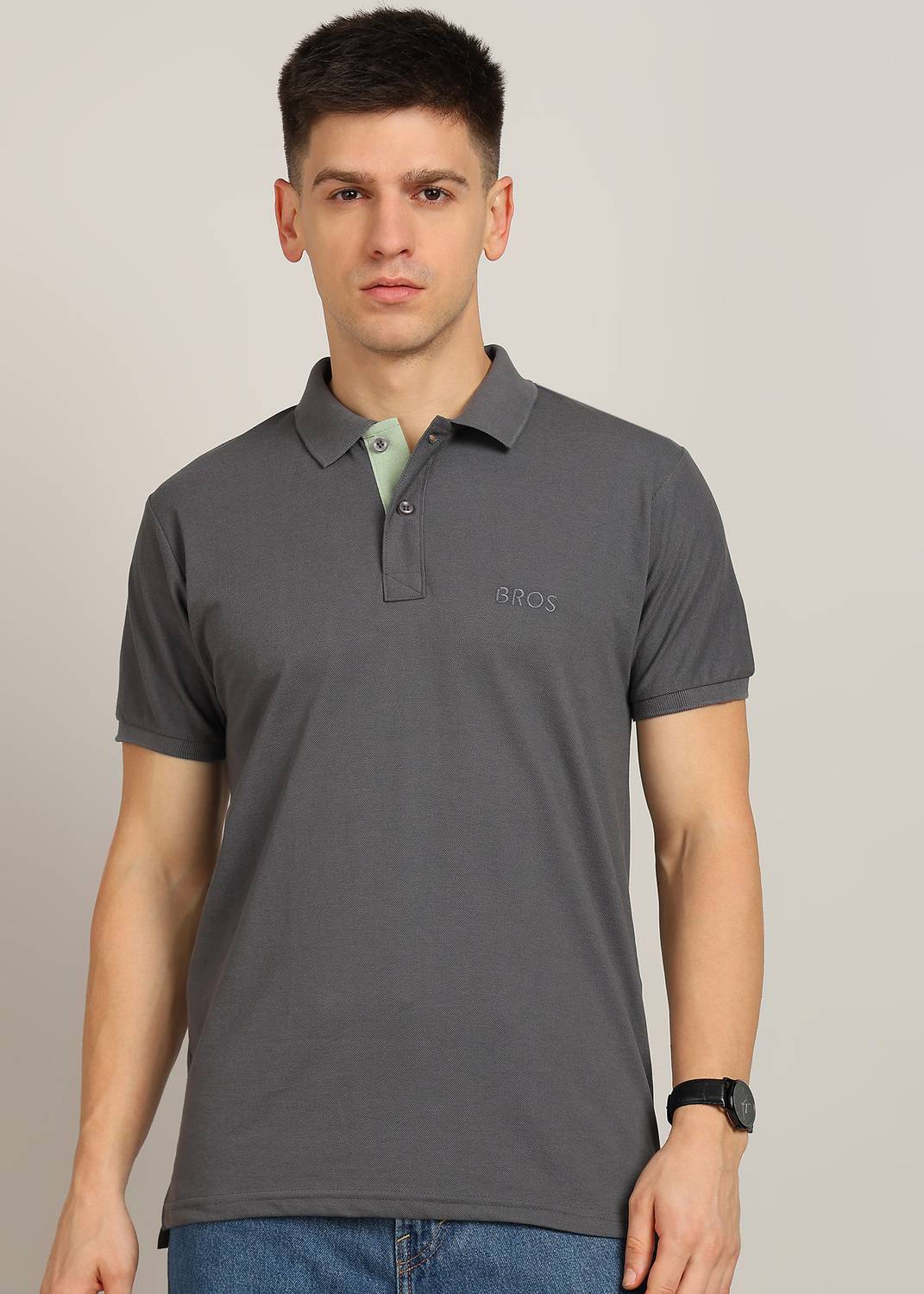 3BROS Men Solid Polo Neck Cotton Blend Grey T-Shirt
