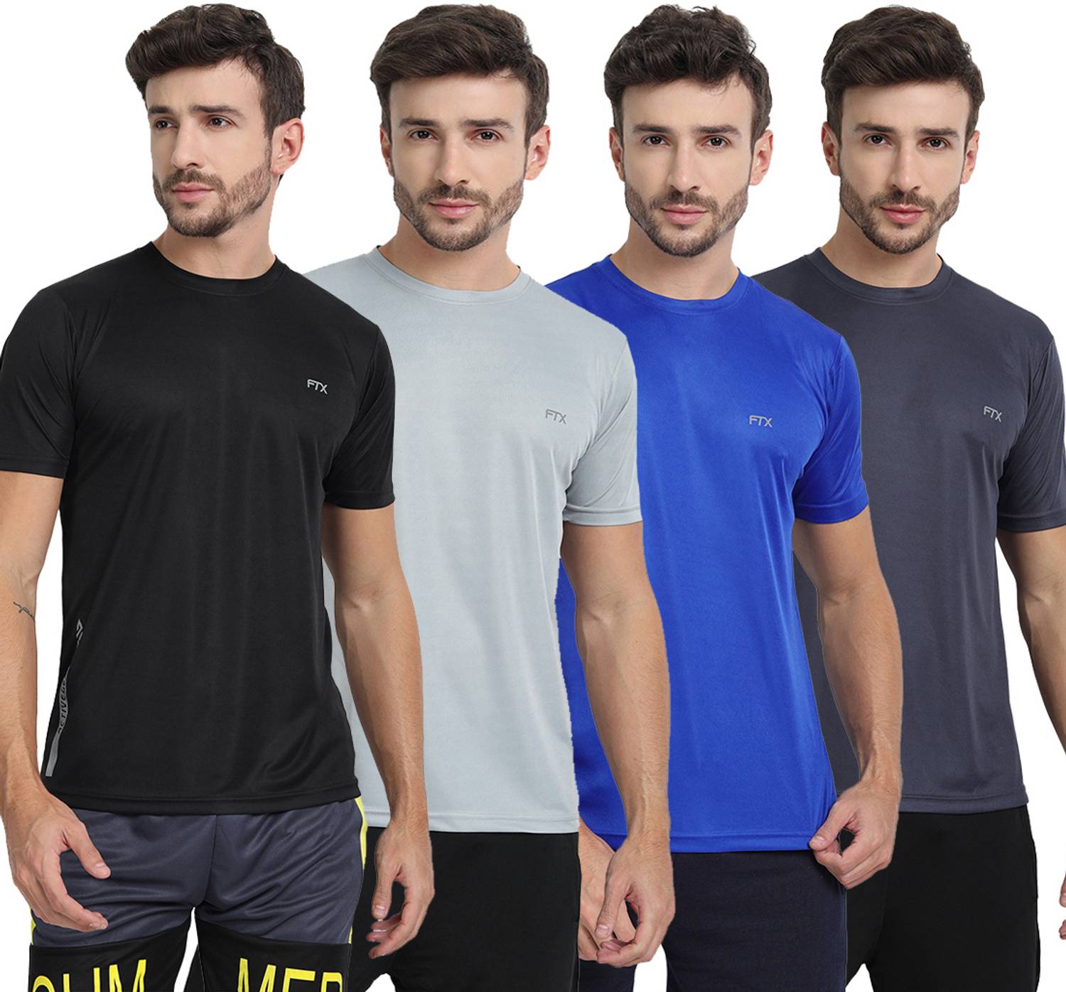 FTX Pack of 4 Men Solid Round Neck Polyester Multicolor T-Shirt