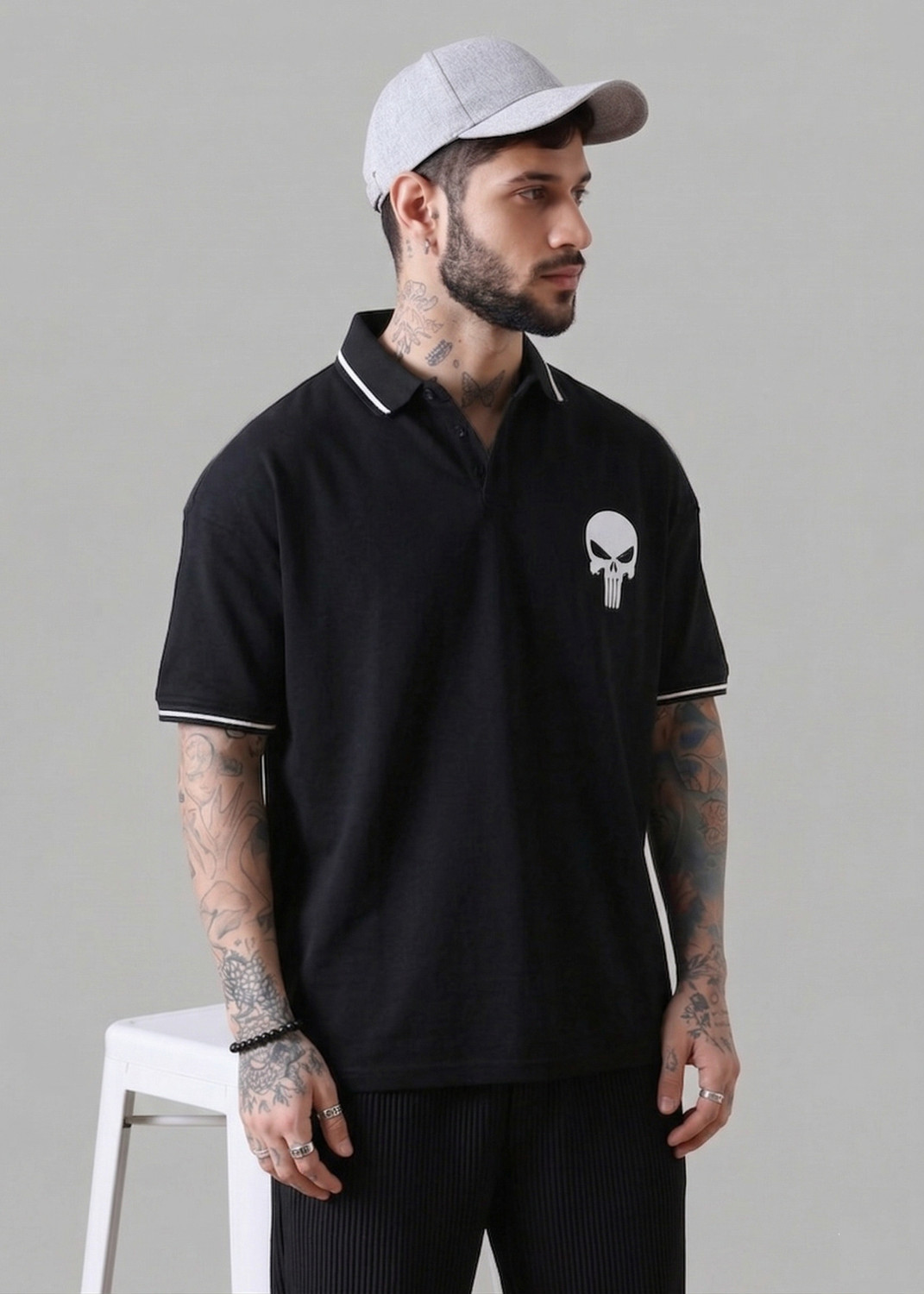 Image of Dattebayo Printed Men Polo Neck Black T-Shirt