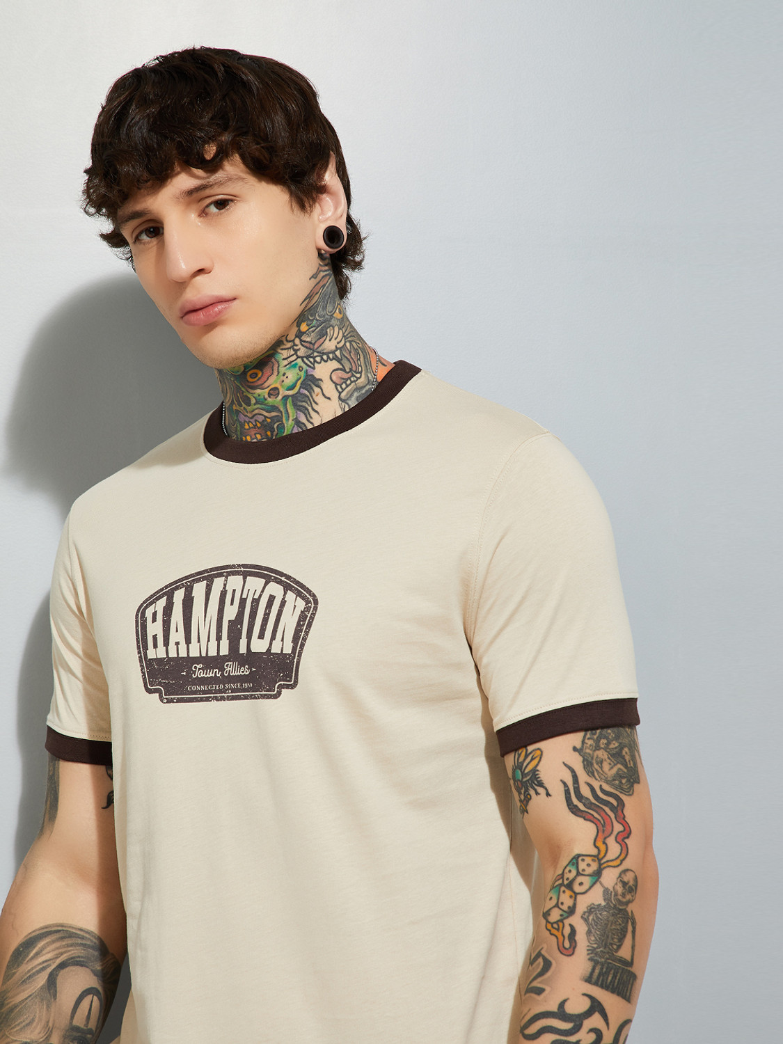 Image of MAX Printed Men Round Neck Beige T-Shirt