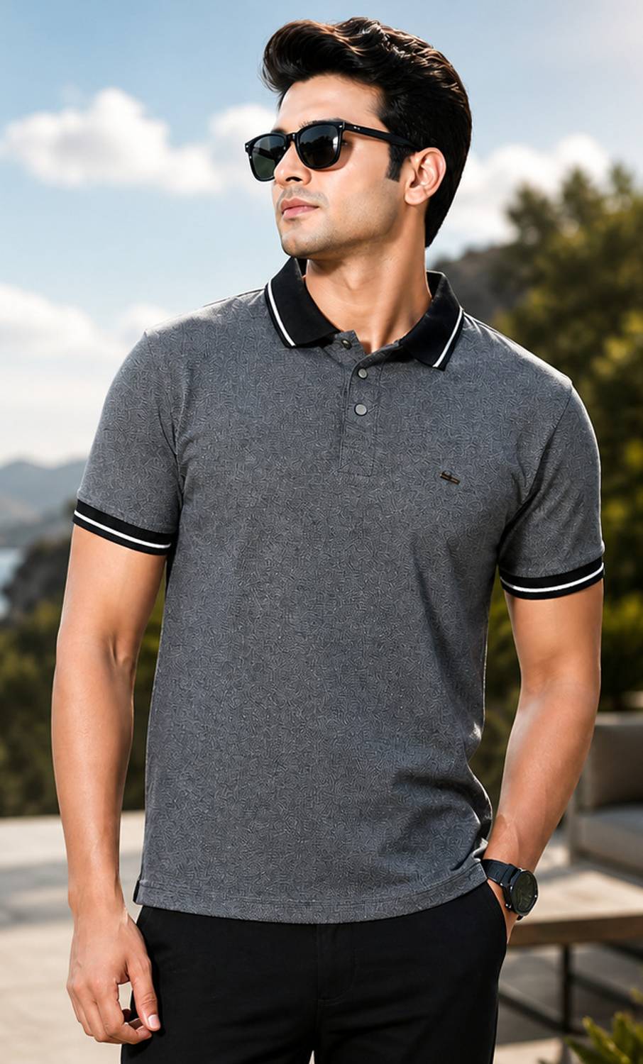 OZONECO Men Solid Polo Neck Cotton Blend Grey T-Shirt