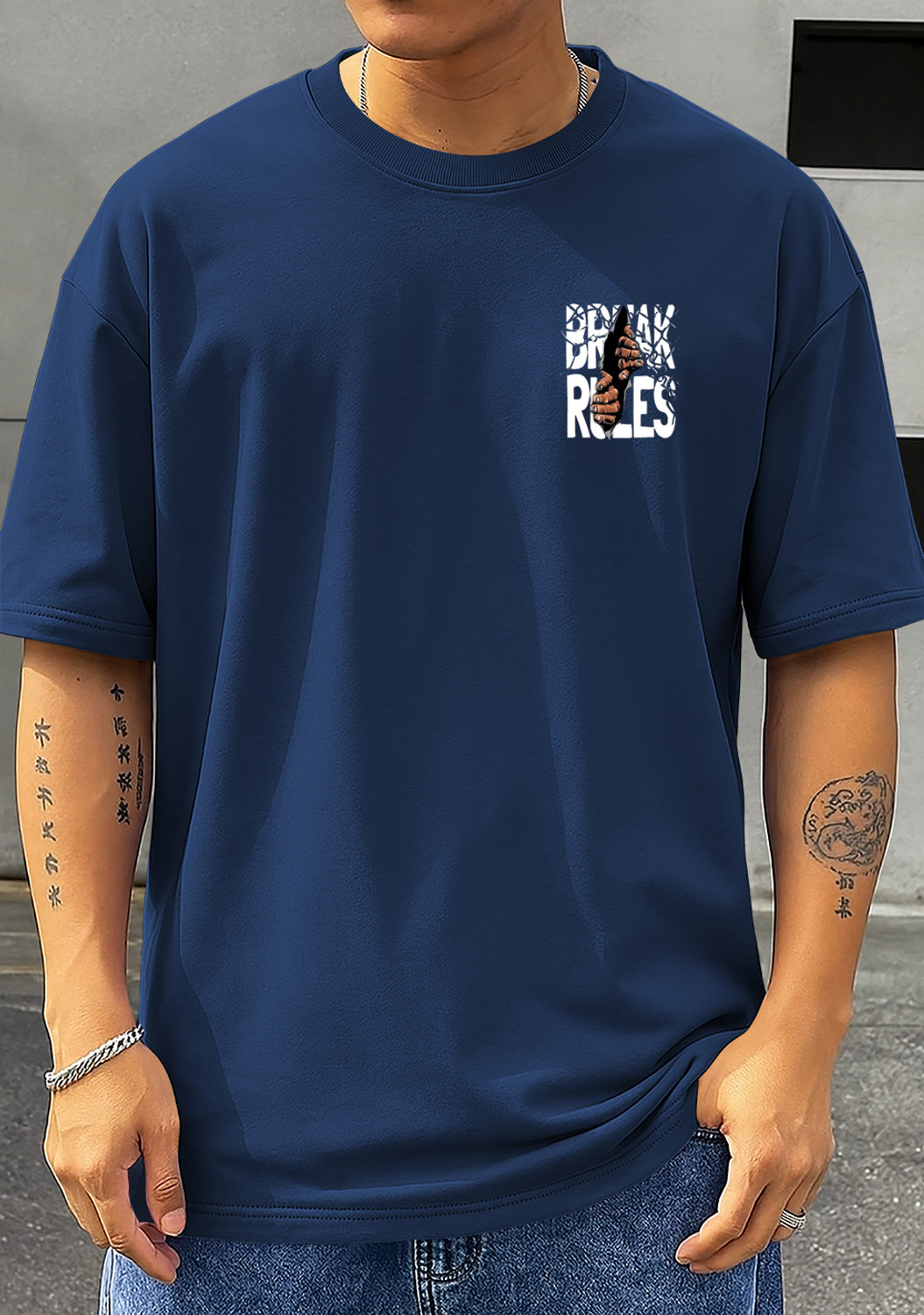 Image of Dazzle Fashion Graphic Print Men Round Neck Navy Blue T-Shirt