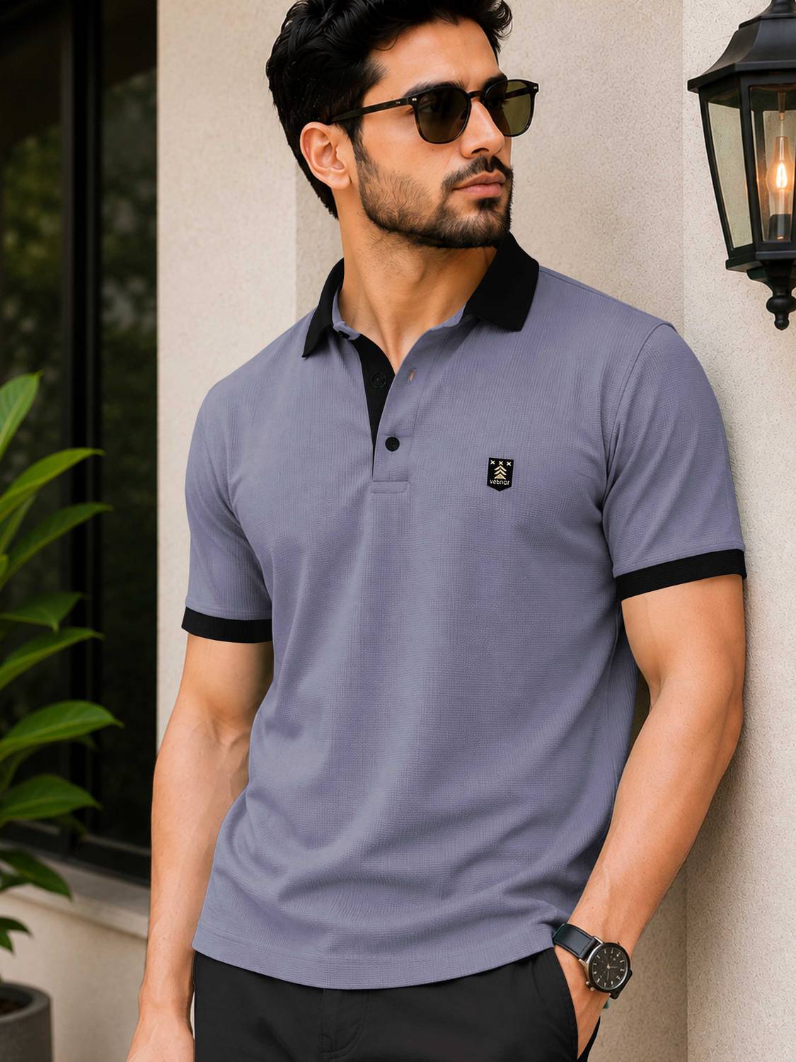 VeBNoR Men Grey Polo Neck T-Shirt - Image 1