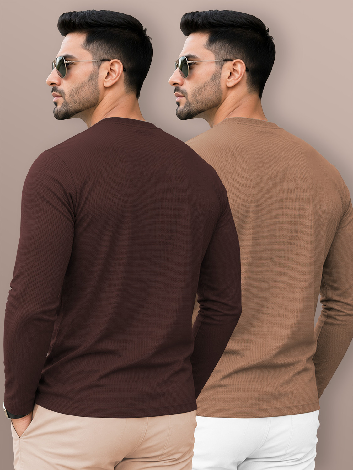 Image of VeBNoR Self Design Men Round Neck Brown, Beige T-Shirt