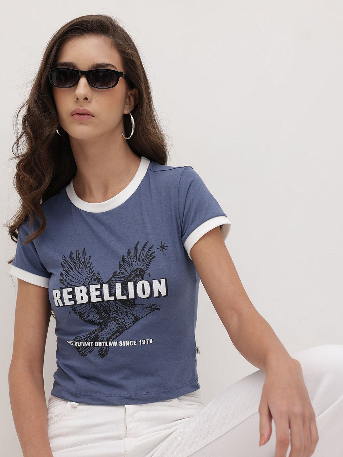 Image of Roadster Printed Women Round Neck Blue T-Shirt