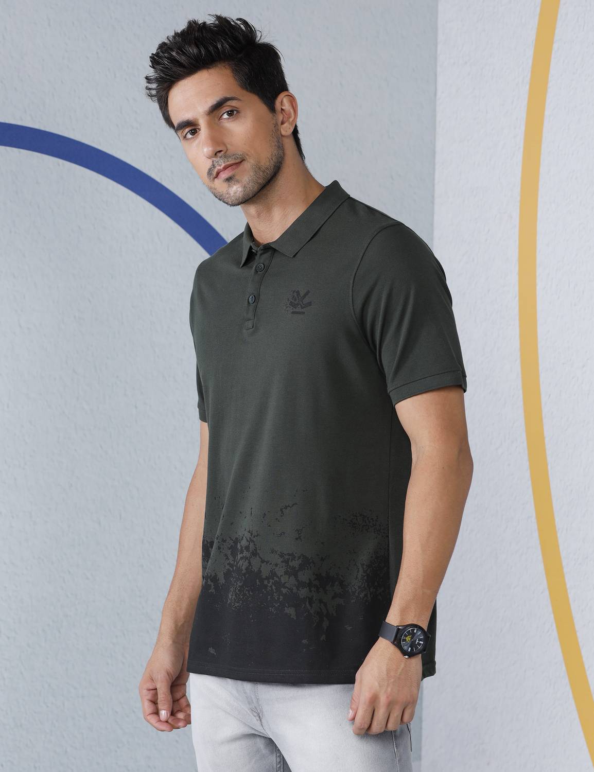 WROGN Men Printed Polo Neck Cotton Blend Green T-Shirt