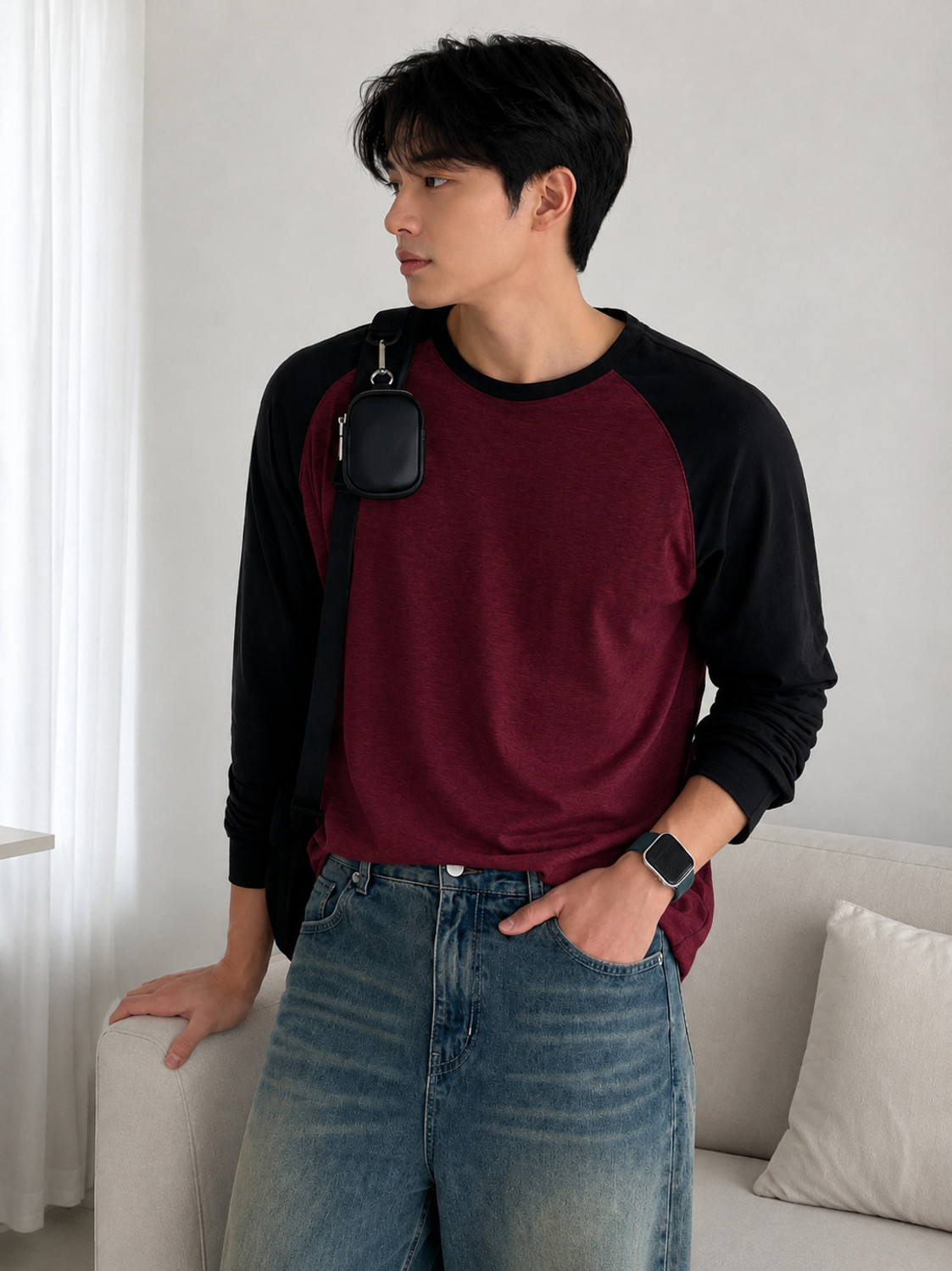 Image of Wrodss Colorblock Men Round Neck Black, Maroon T-Shirt