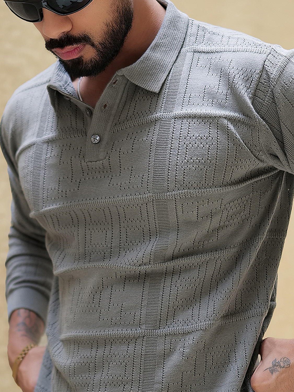 Image of MANIAC Self Design Men Polo Neck Grey T-Shirt