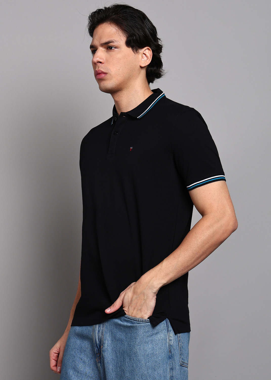 Image of Louis Philippe Sport Slim Fit Casual Men Solid Polo Neck Pure Cotton Black T-Shirt