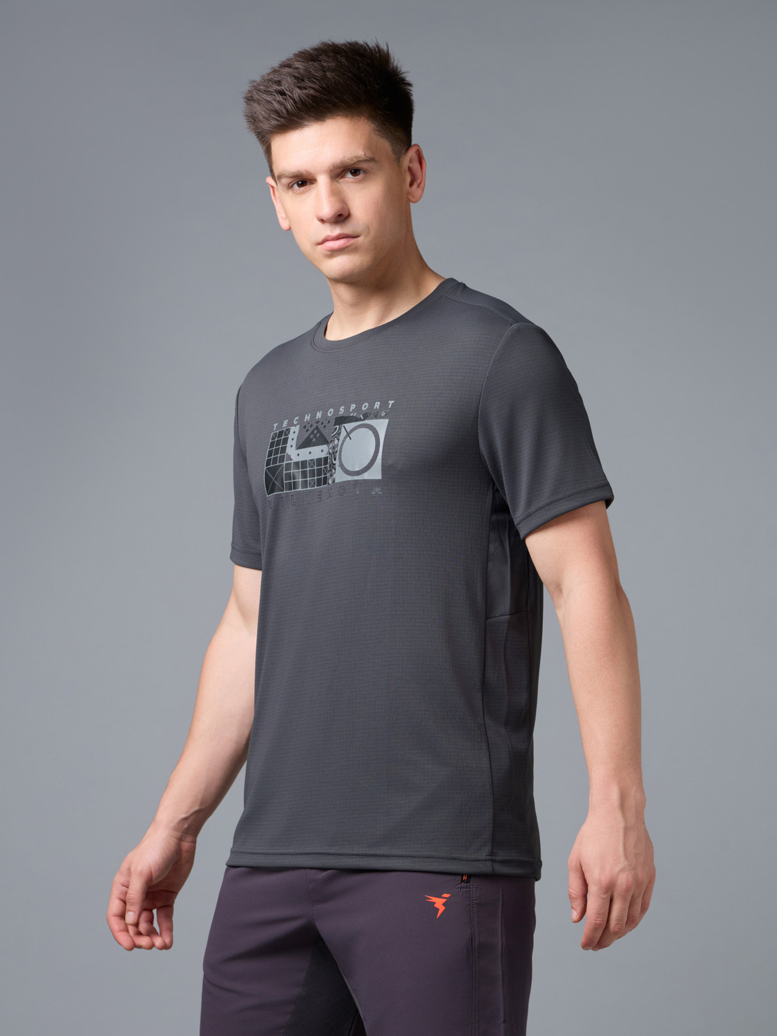 Image of TECHNOSPORT Printed Men Crew Neck Grey T-Shirt