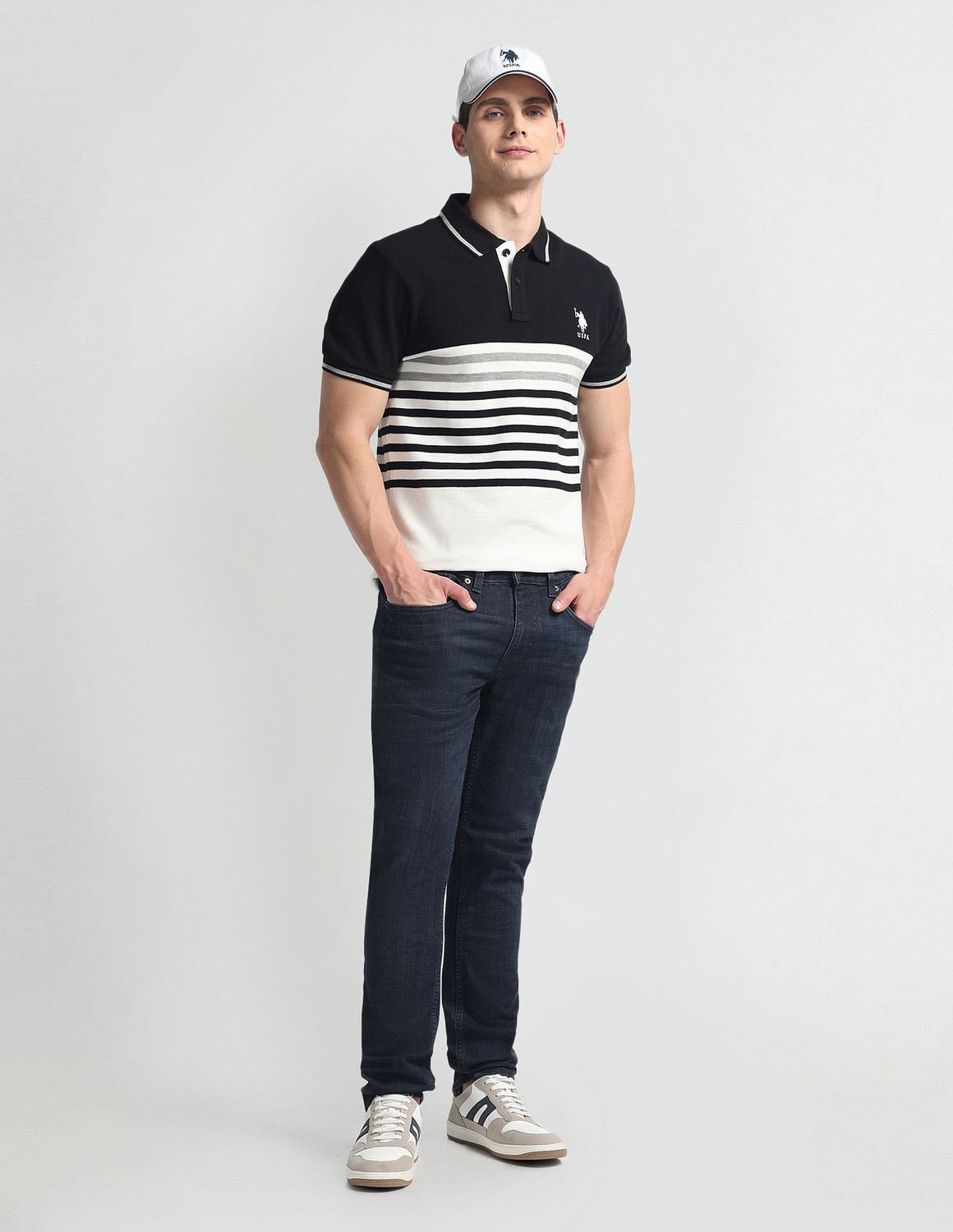 Image of U.S. POLO ASSN. Striped Men Polo Neck Black T-Shirt