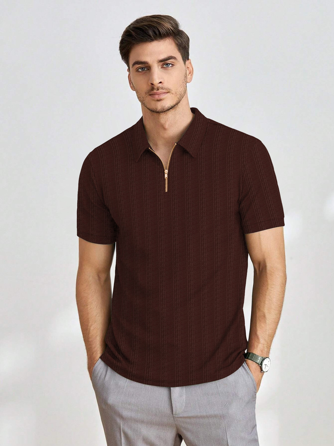 Image of KAJARU Self Design Men Zip Neck Brown T-Shirt