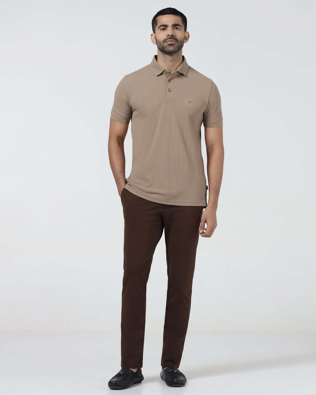 Image of Blackberrys Self Design Men Polo Neck Beige T-Shirt