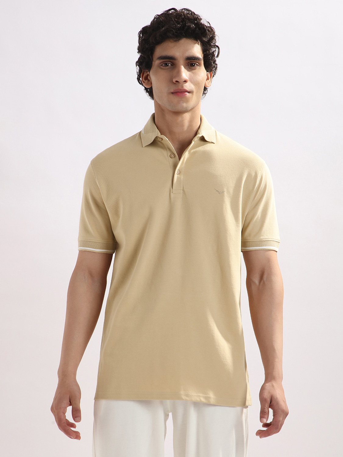 Image of NOBERO Solid Men Polo Neck Beige T-Shirt