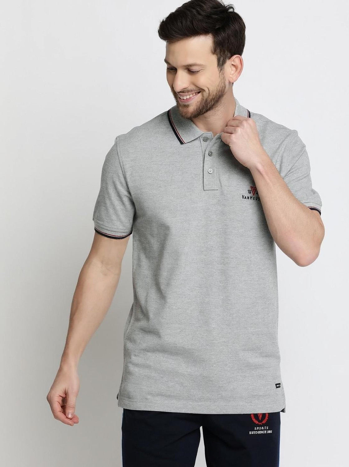 Image of VAN HEUSEN Solid Men Polo Neck Grey T-Shirt