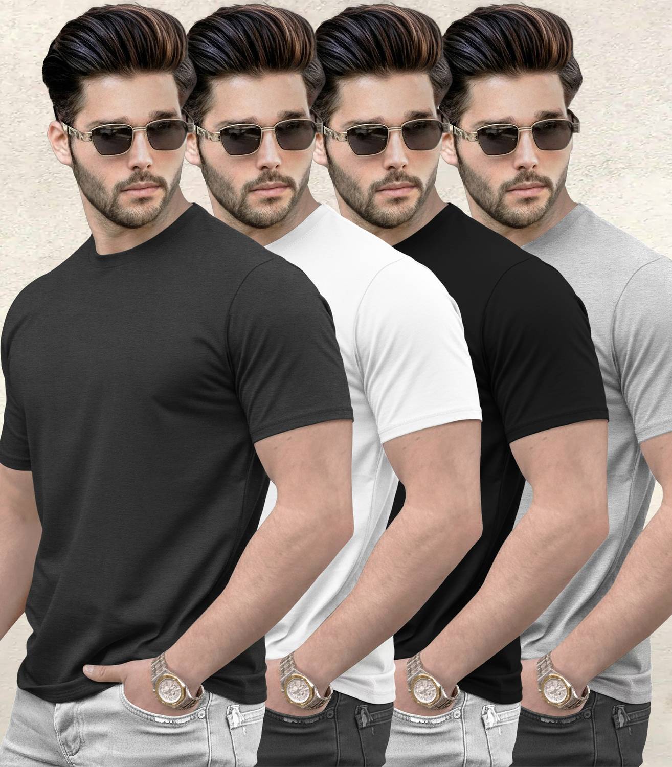 TRIPR Pack of 4 Men Solid Round Neck Cotton Blend Multicolor T-Sh