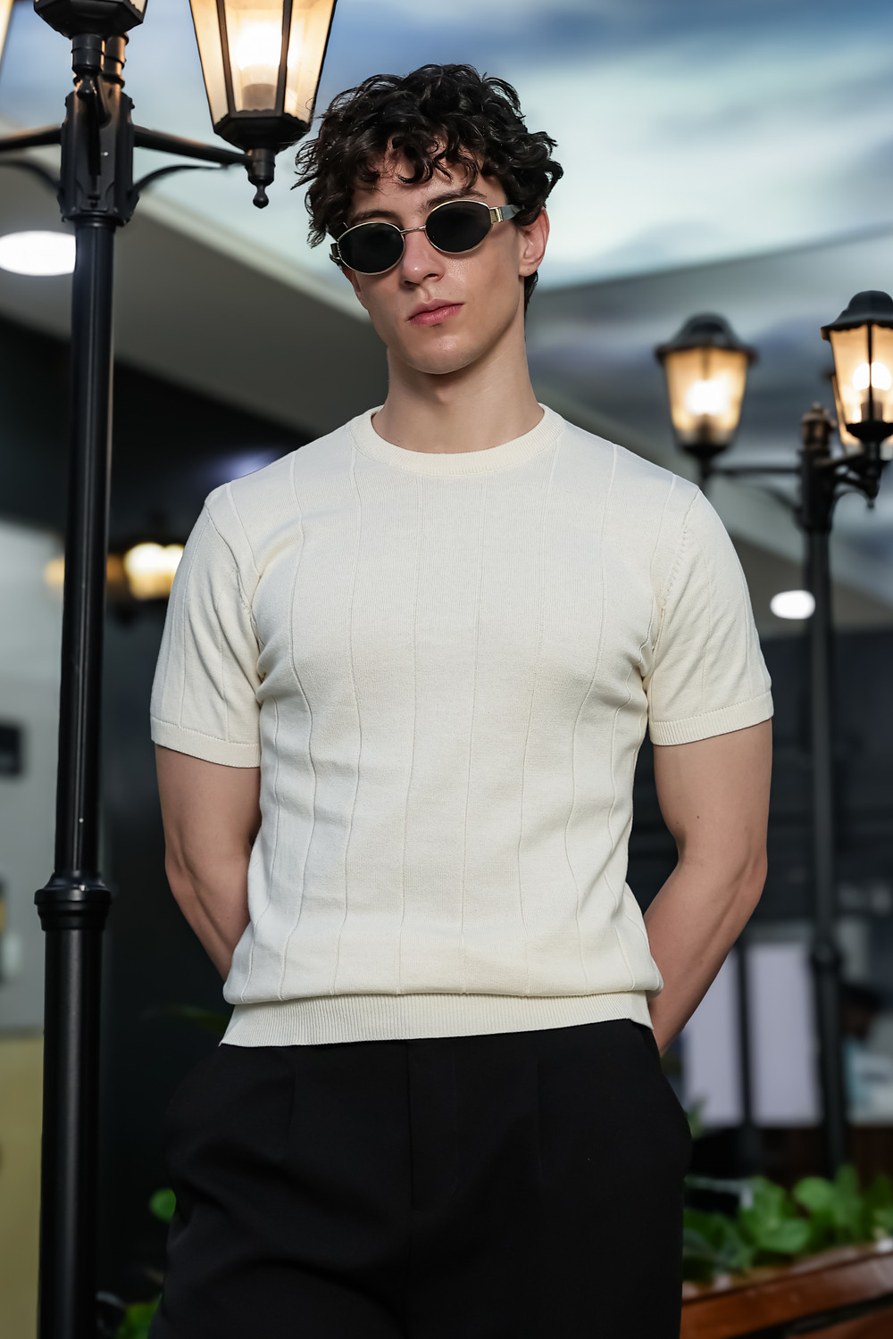 Image of sti Men Self Design Round Neck Organic Cotton White T-Shirt