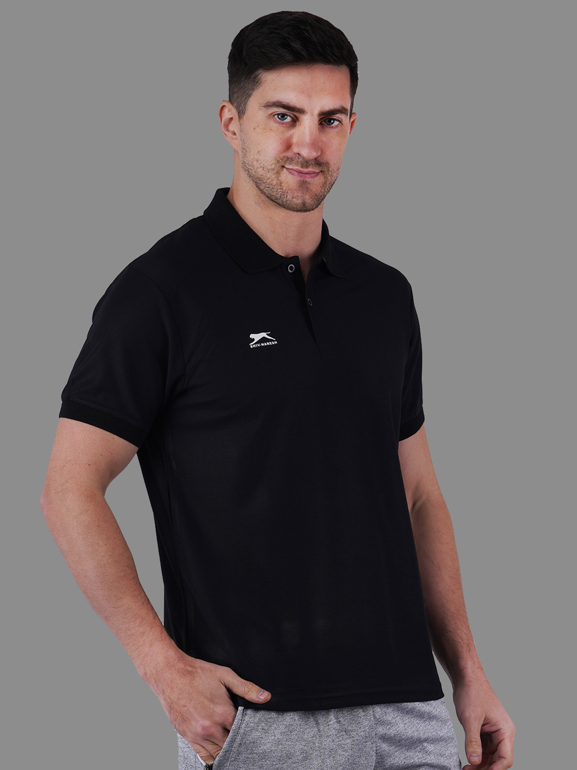 Image of Shiv Naresh Self Design Men Polo Neck Black T-Shirt