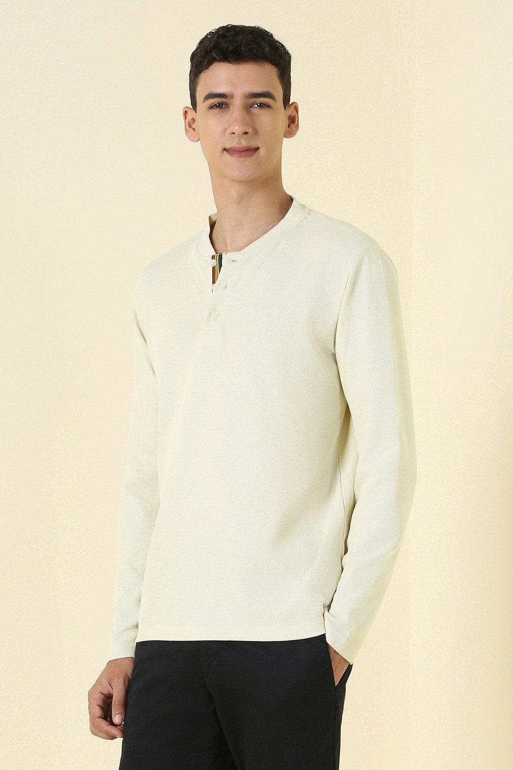 Image of Allen Solly Solid Men Henley Neck Beige T-Shirt