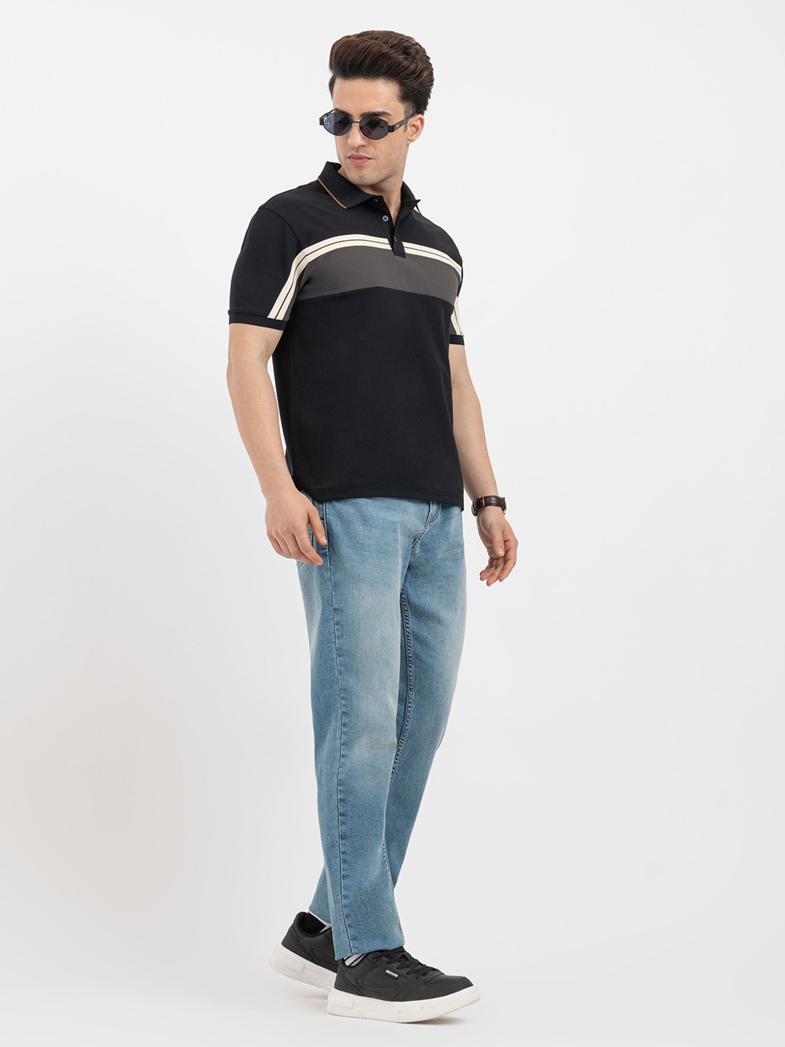 Image of RED TAPE Colorblock Men Polo Neck Black T-Shirt