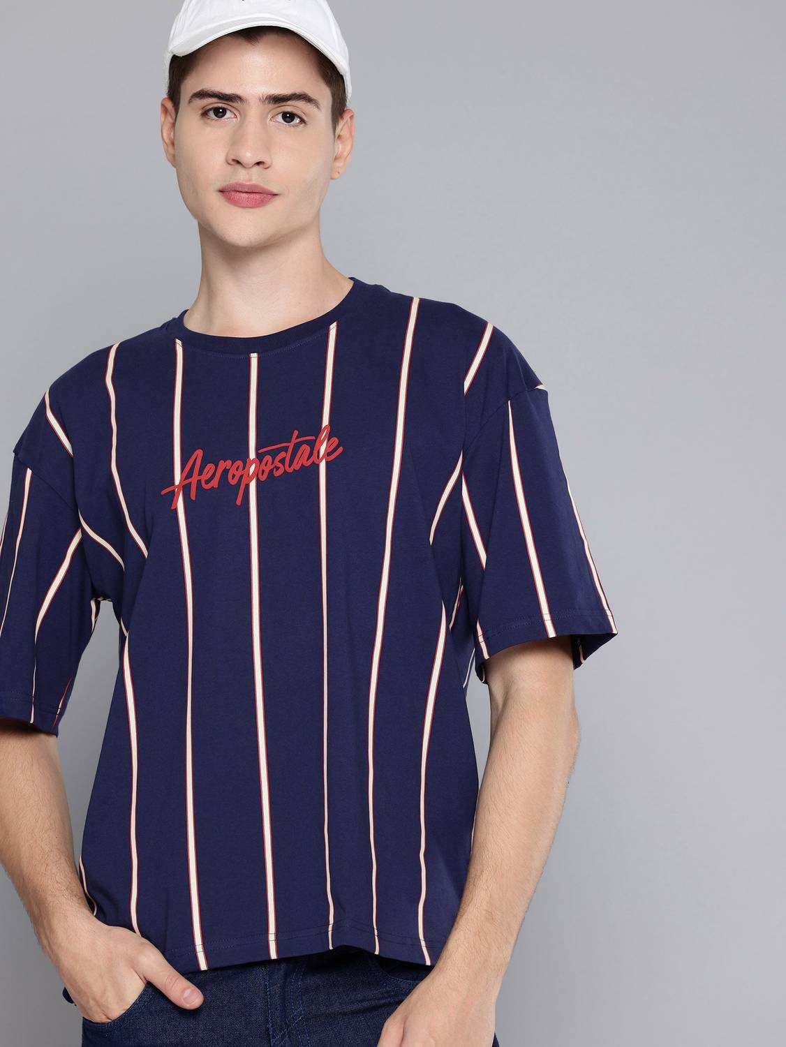 AEROPOSTALE Striped Men Round Neck Blue T-Shirt