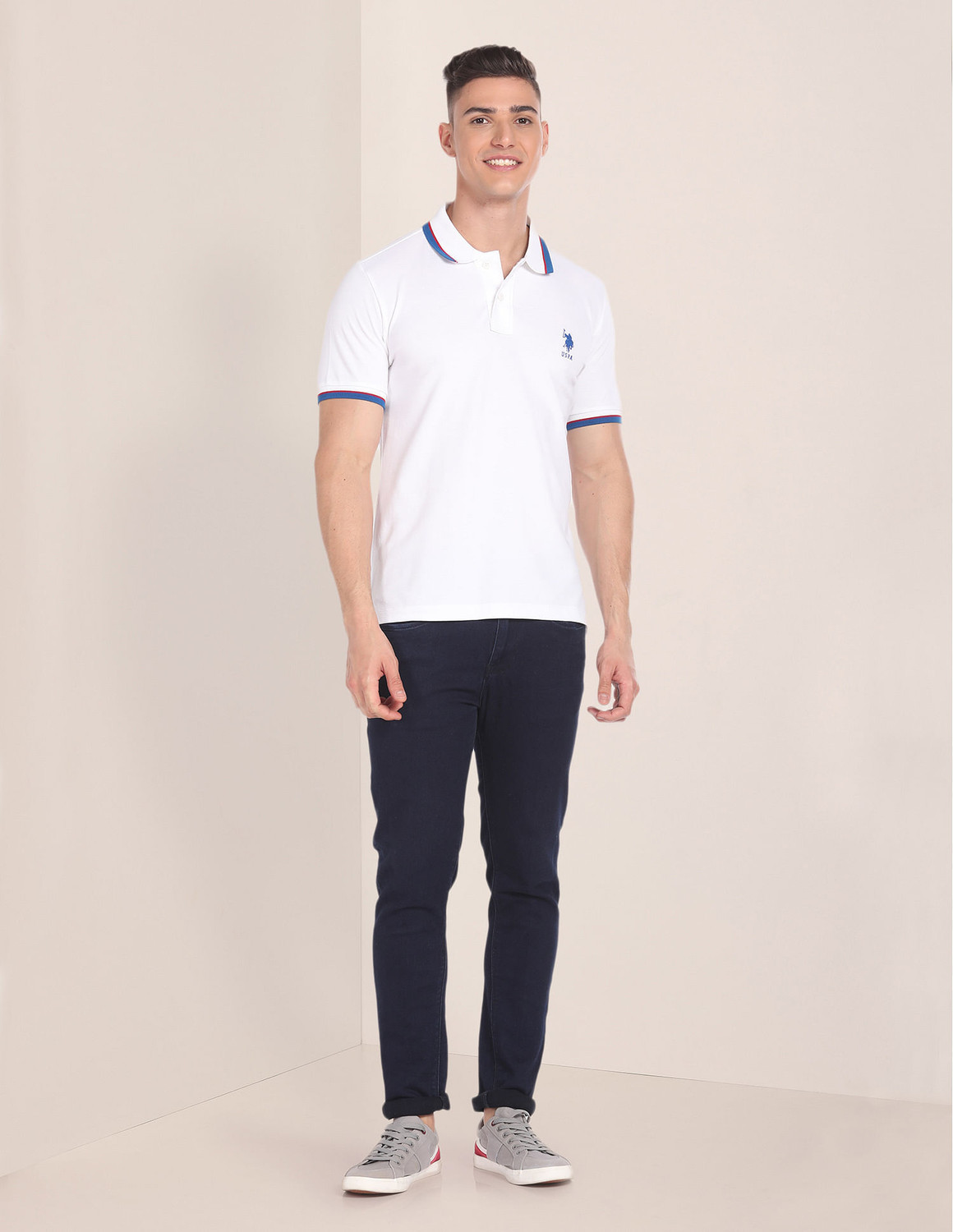 Image of U.S. POLO ASSN. Solid Men Polo Neck White T-Shirt