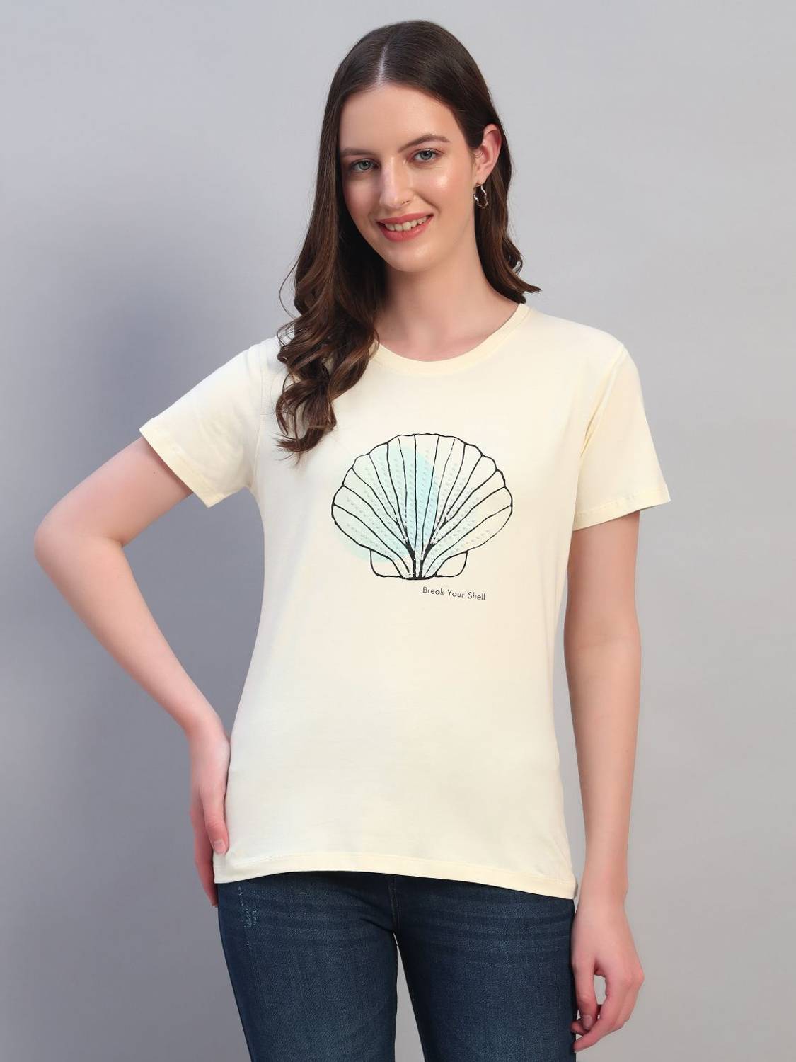 CANTABIL Self Design Women Round Neck Beige T-Shirt