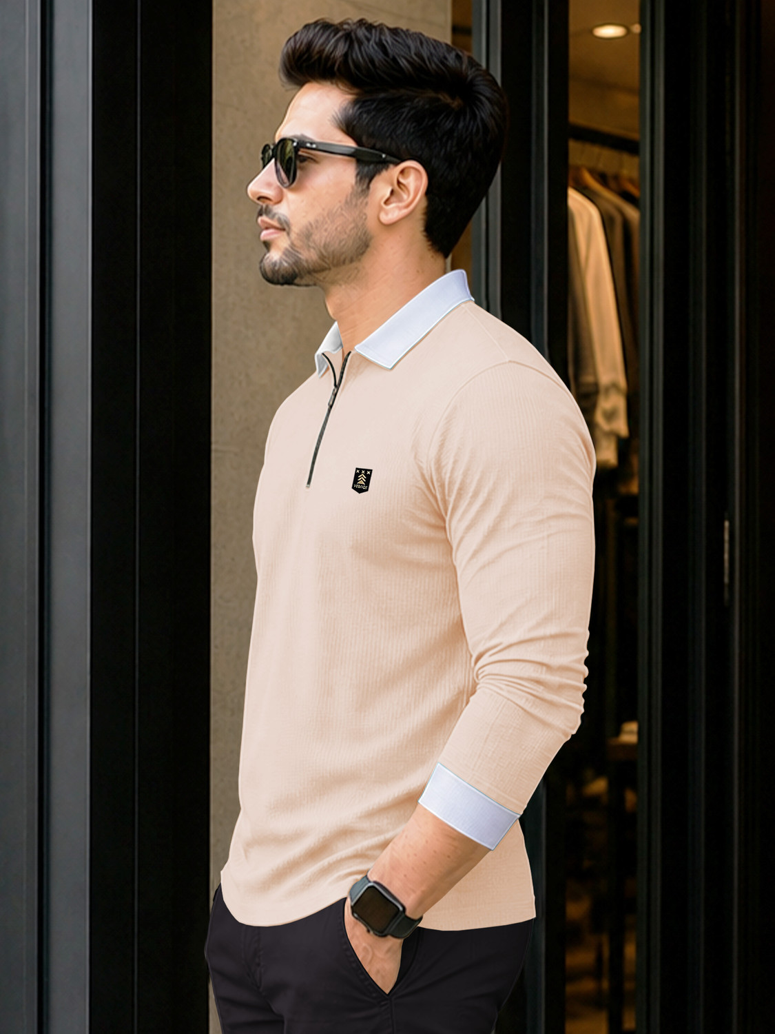 Image of VeBNoR Colorblock Men Zip Neck Beige T-Shirt