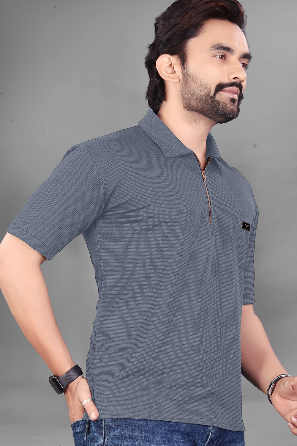 Image of WeReKo Self Design Men Zip Neck Grey, White T-Shirt