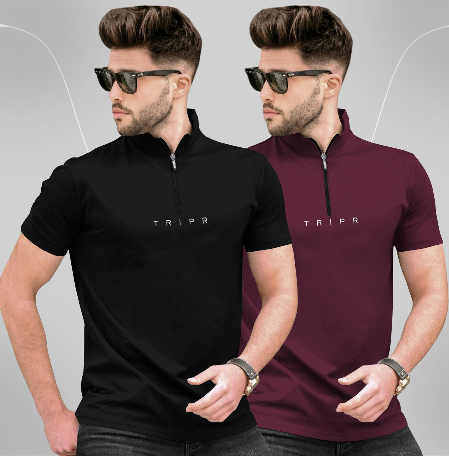 Image of TRIPR Solid Men Henley Neck Black, Maroon T-Shirt