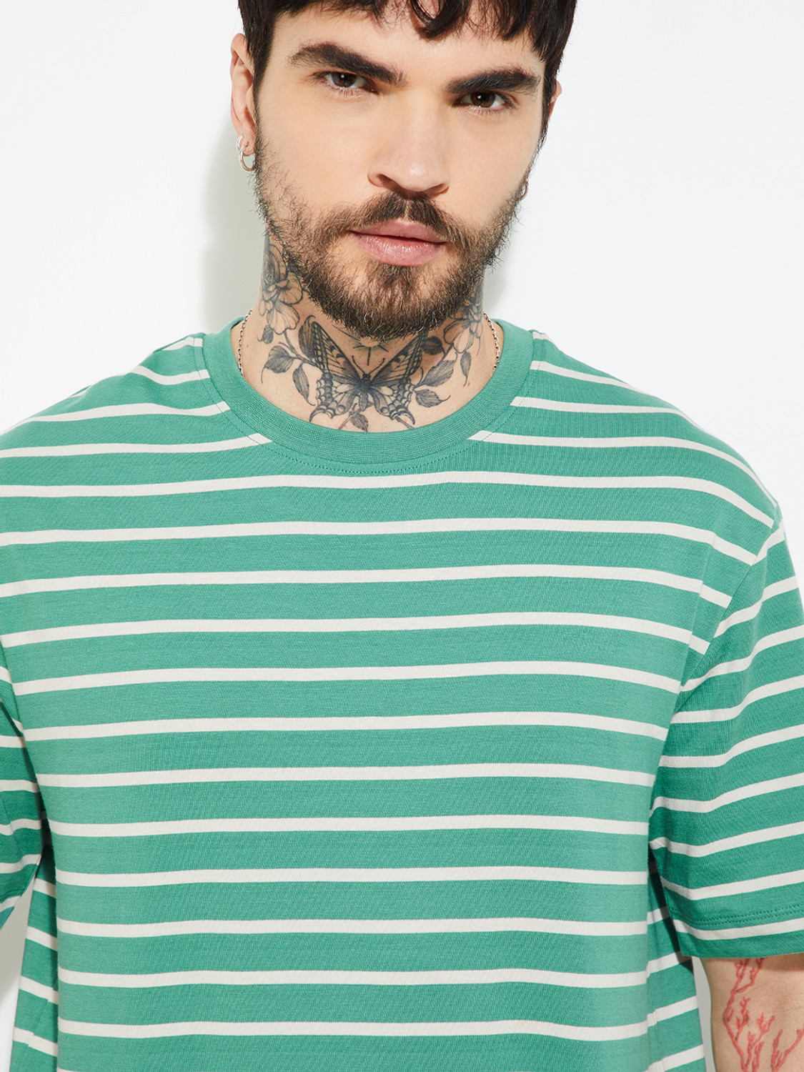 Image of MAX Striped Men Round Neck Green T-Shirt