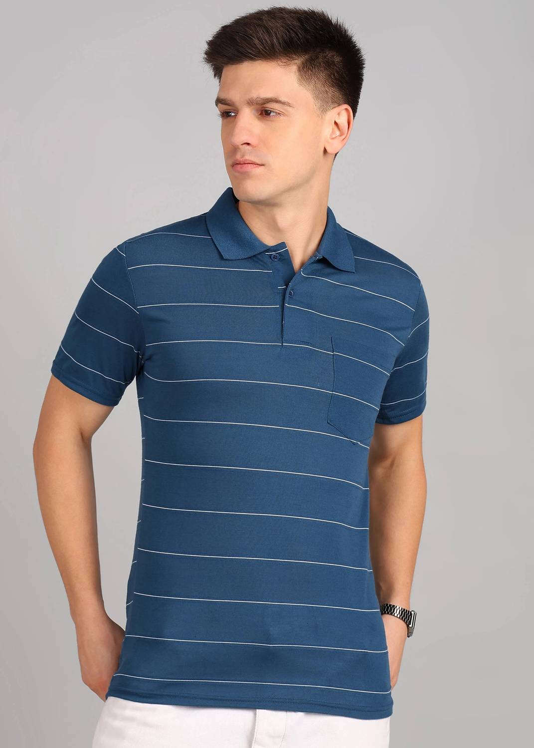 INKKR Men Striped Polo Neck Cotton Blend Multicolor T-Shirt