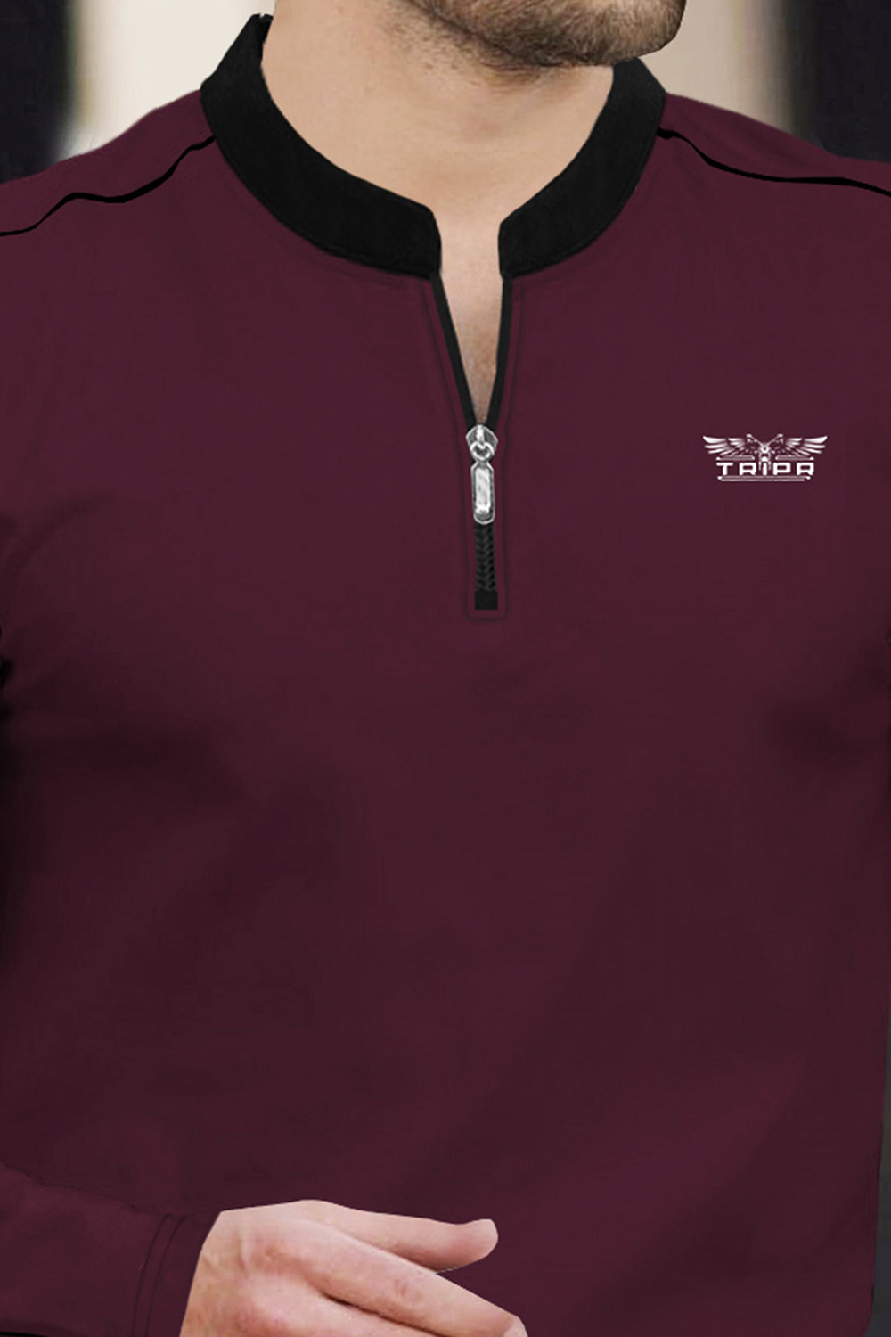 Image of TRIPR Solid Men Mandarin Collar Maroon, Black T-Shirt