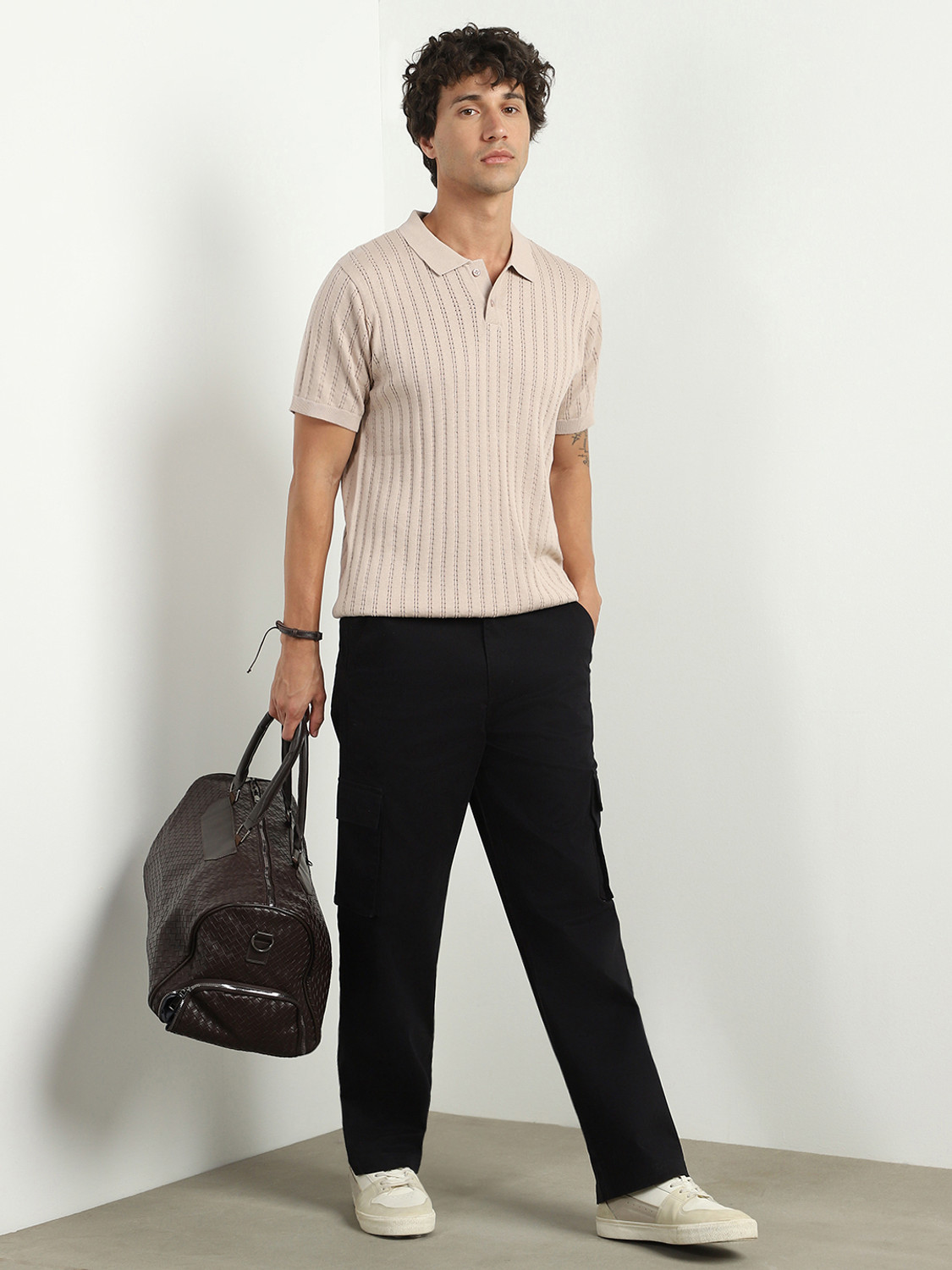 Image of NOBERO Self Design Men Polo Neck Beige T-Shirt
