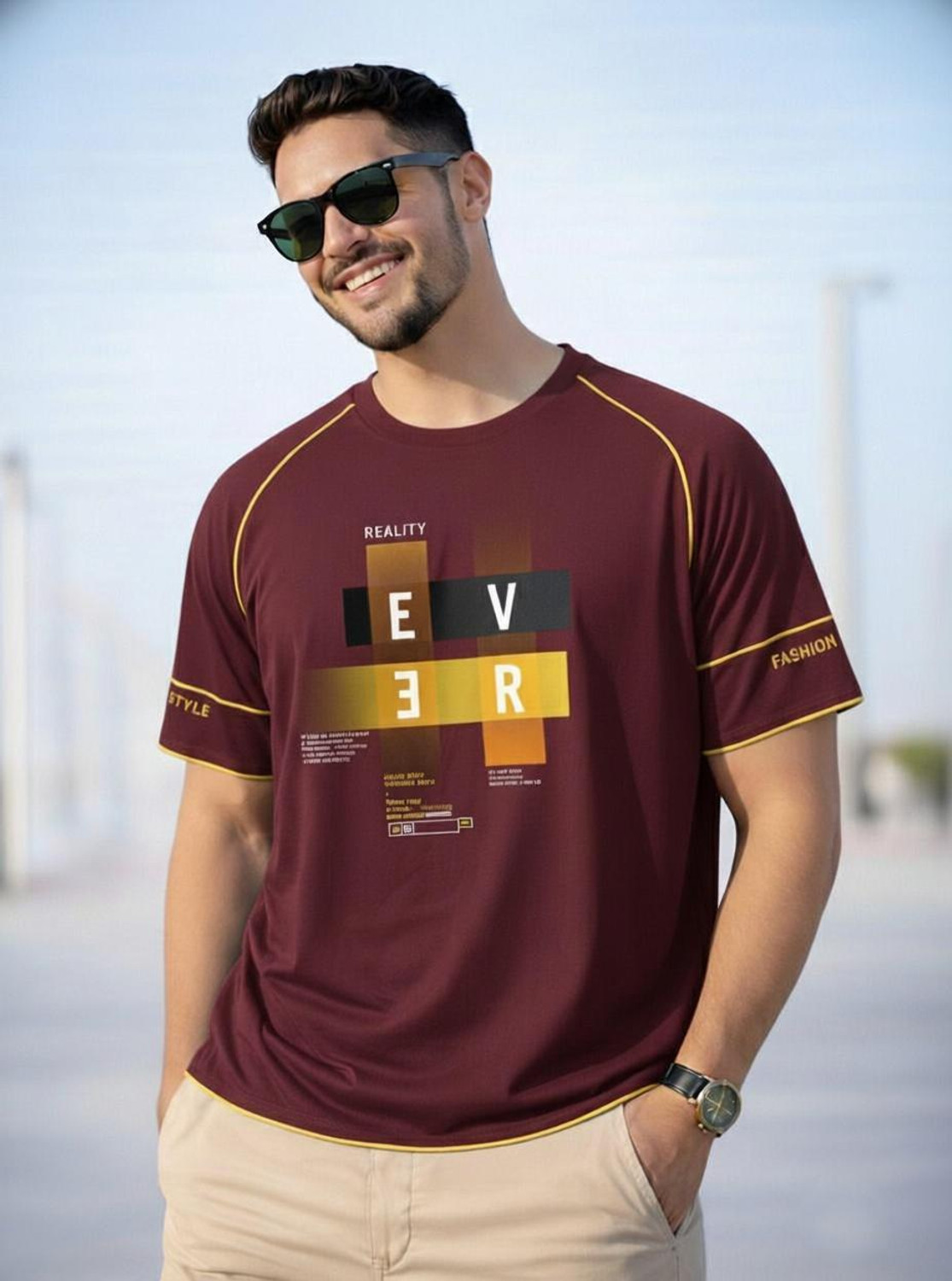 Image of Reya Printed Men Round Neck Maroon T-Shirt