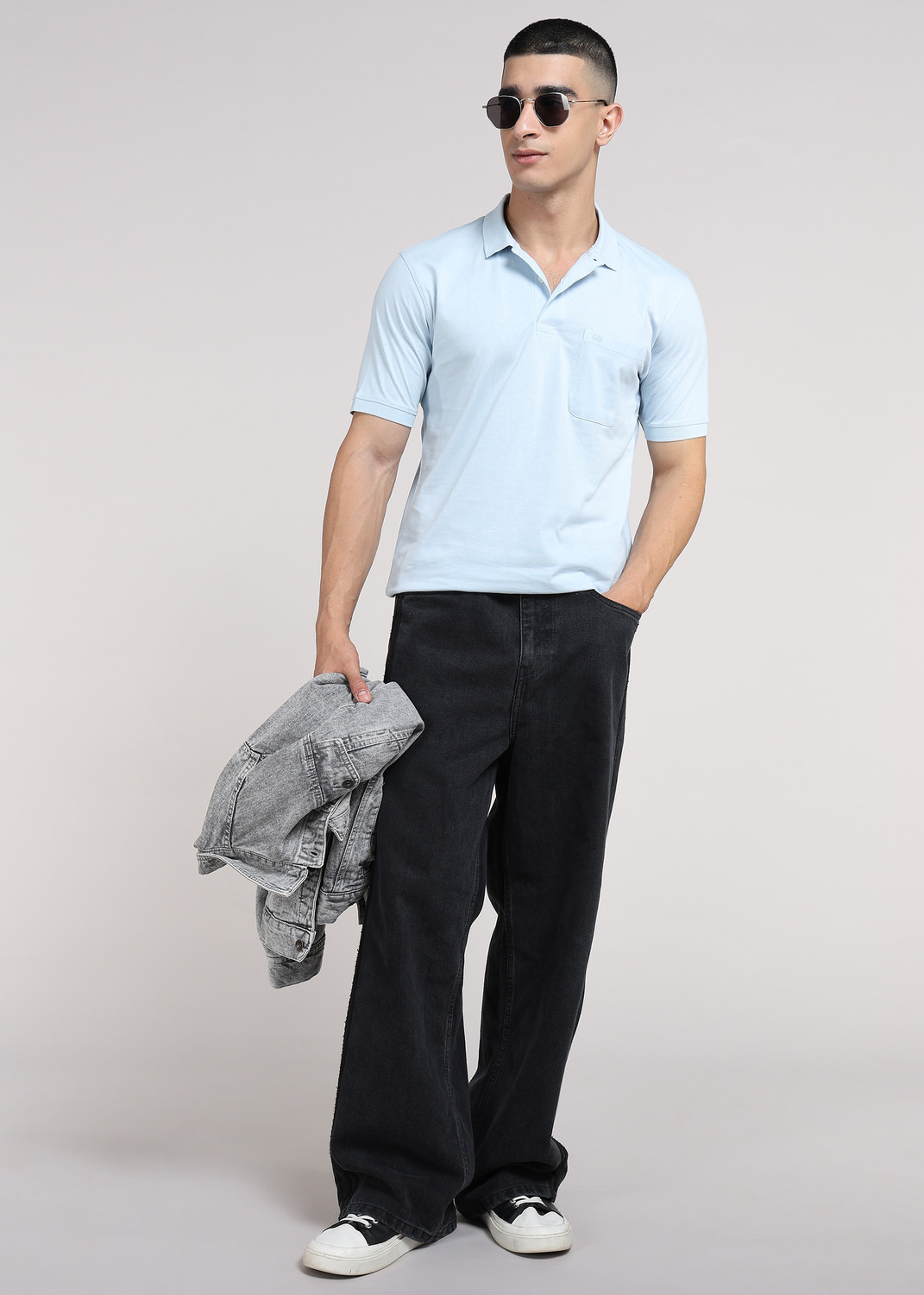 Image of PETER ENGLAND Men Solid Polo Neck Pure Cotton Blue T-Shirt
