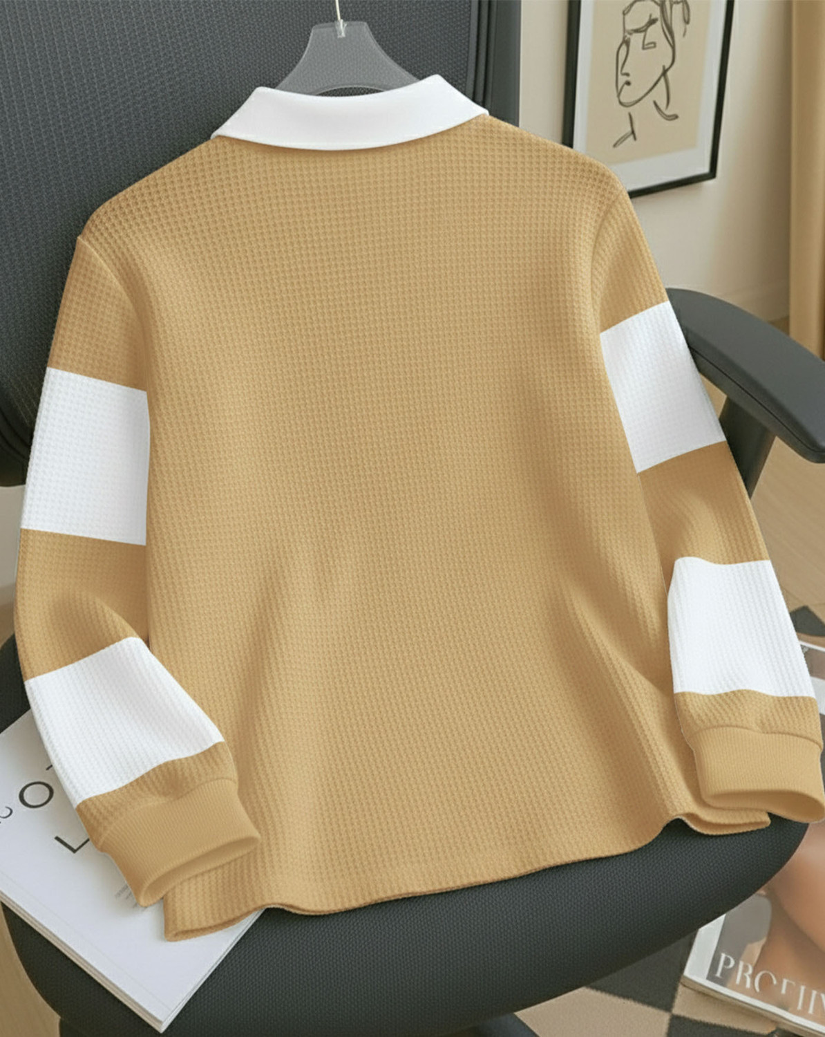Image of ENITOR Colorblock Men Zip Neck Beige, White T-Shirt