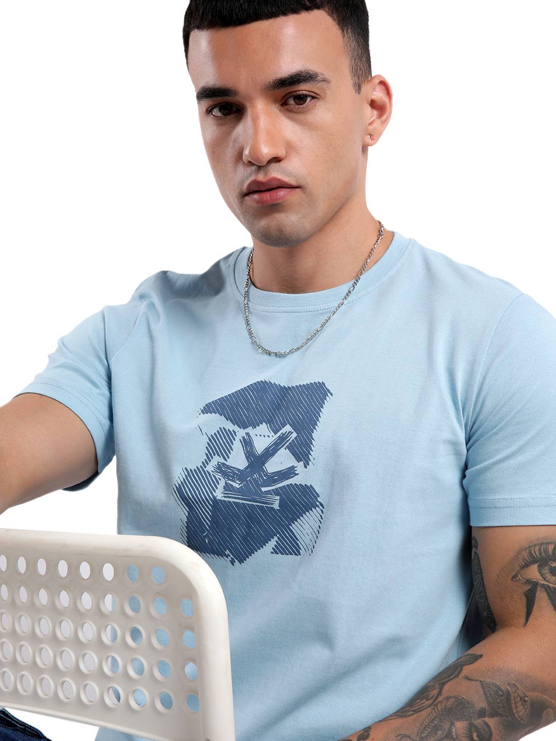 WROGN Men Solid Crew Neck Pure Cotton Light Blue T-Shirt