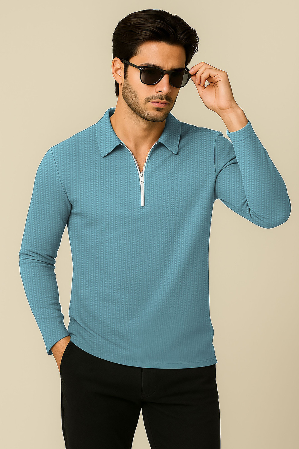 Image of HELMONT Striped Men Zip Neck Maroon, Green T-Shirt
